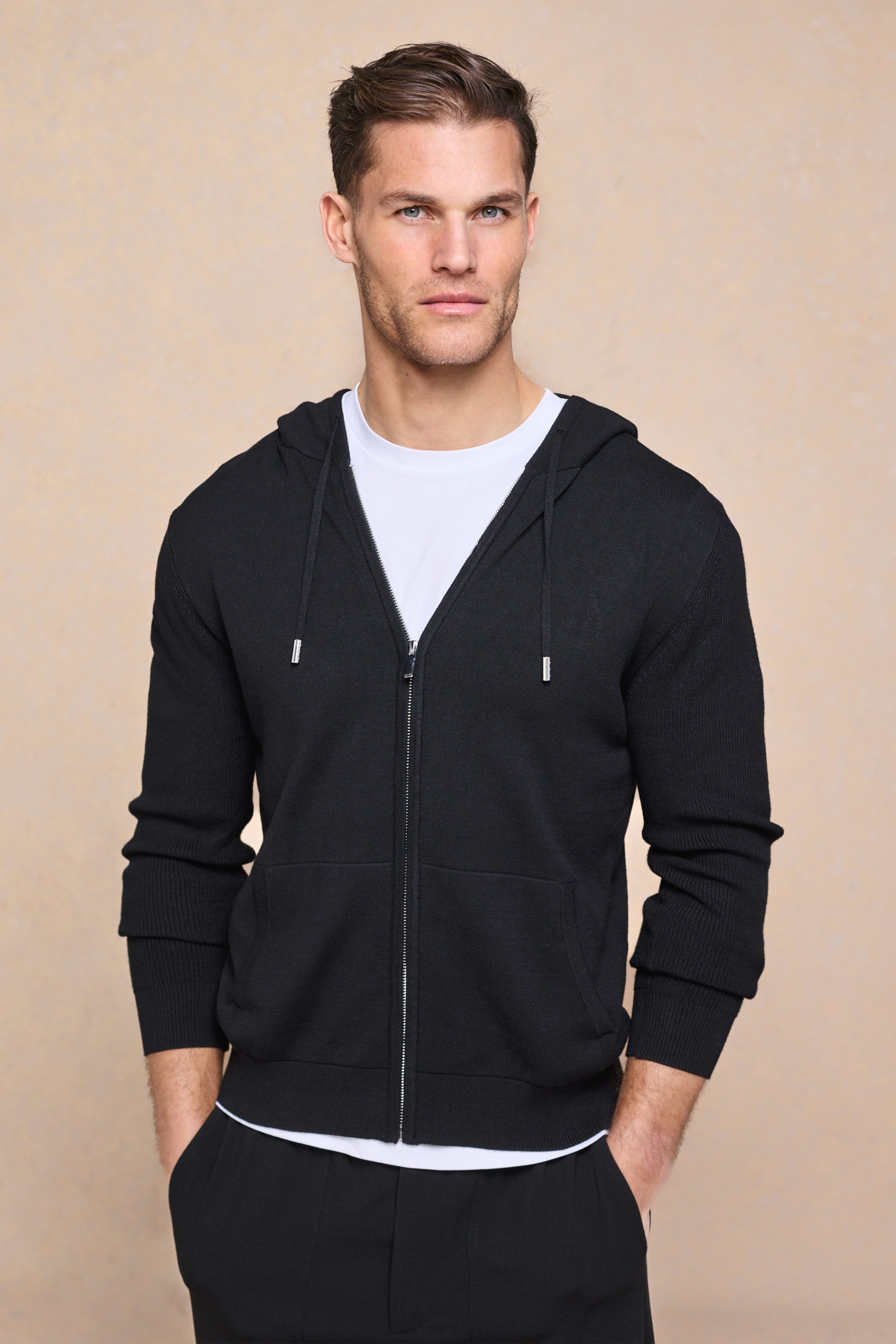 Nolan gebreide hoodie met ritssluiting - zwart