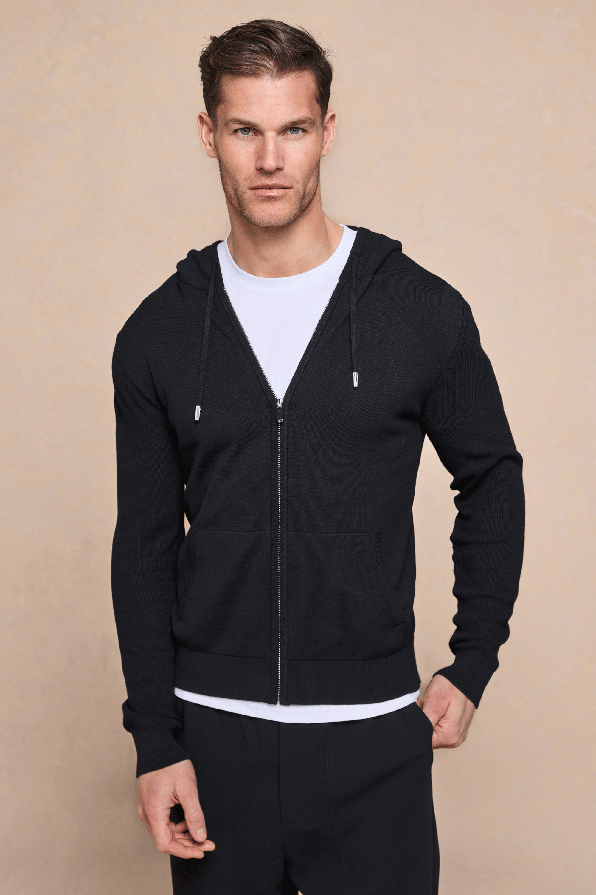 Nolan gebreide hoodie met ritssluiting - zwart
