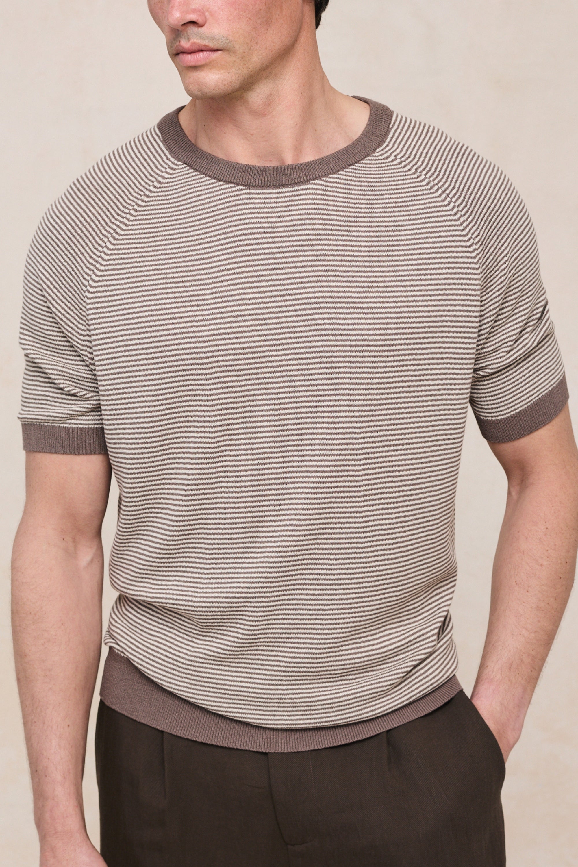 Rafael linnen gestreept T-shirt met ronde hals - Bruin/beige