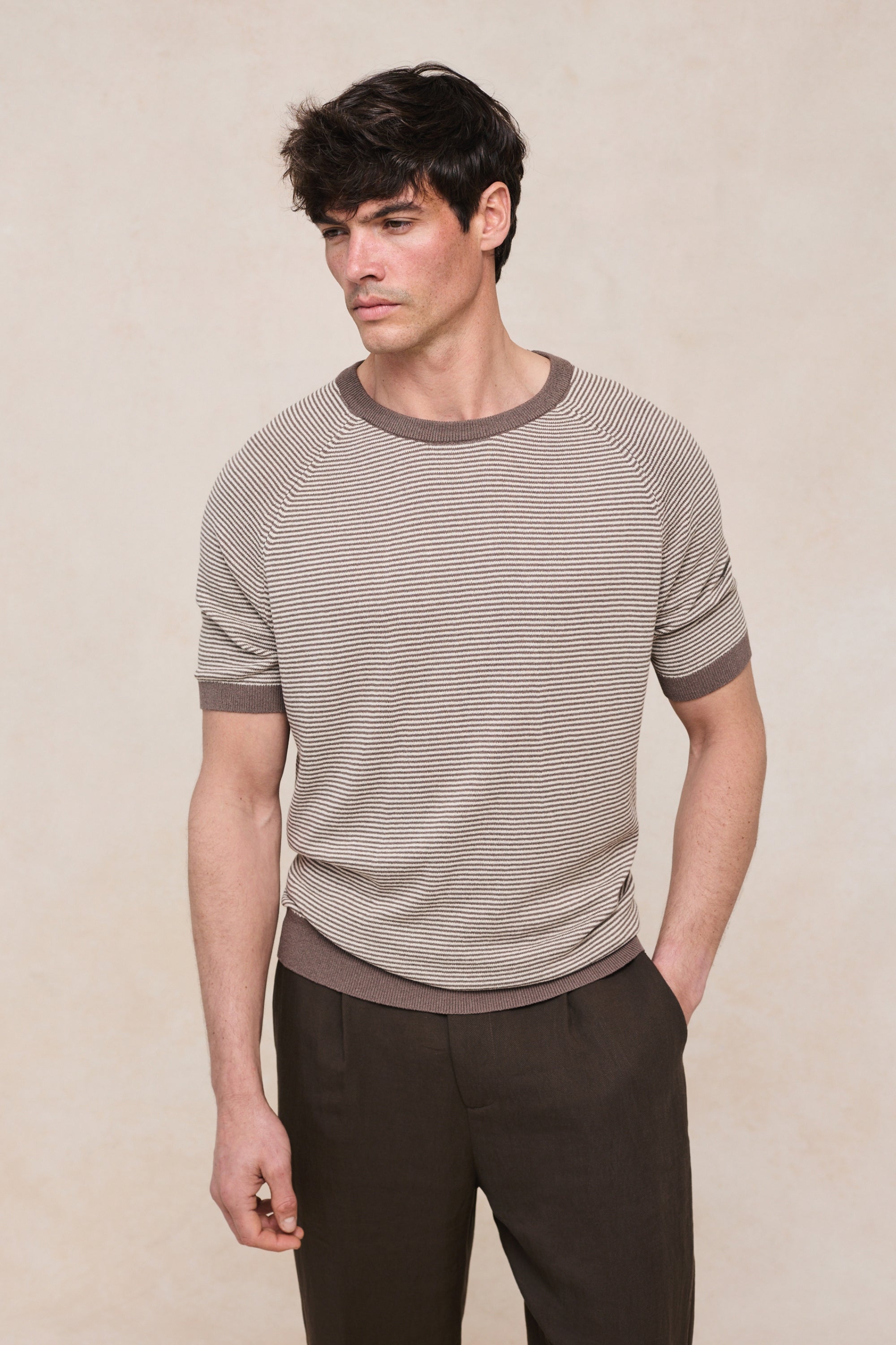 Rafael linnen gestreept T-shirt met ronde hals - Bruin/beige