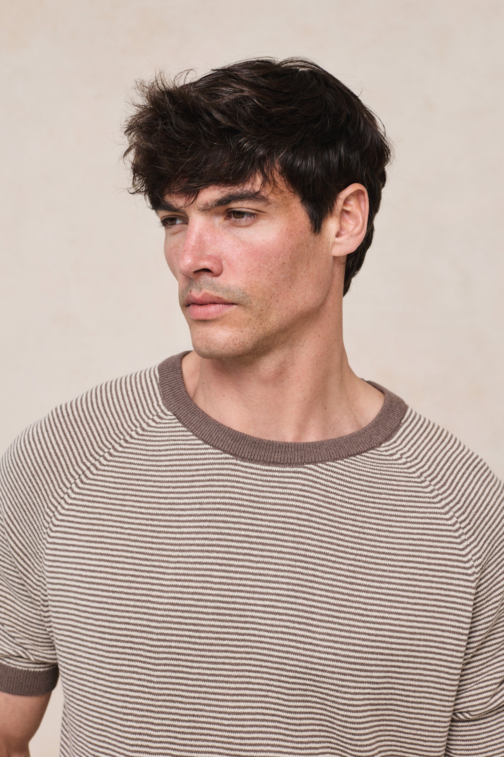 Rafael linnen gestreept T-shirt met ronde hals - Bruin/beige
