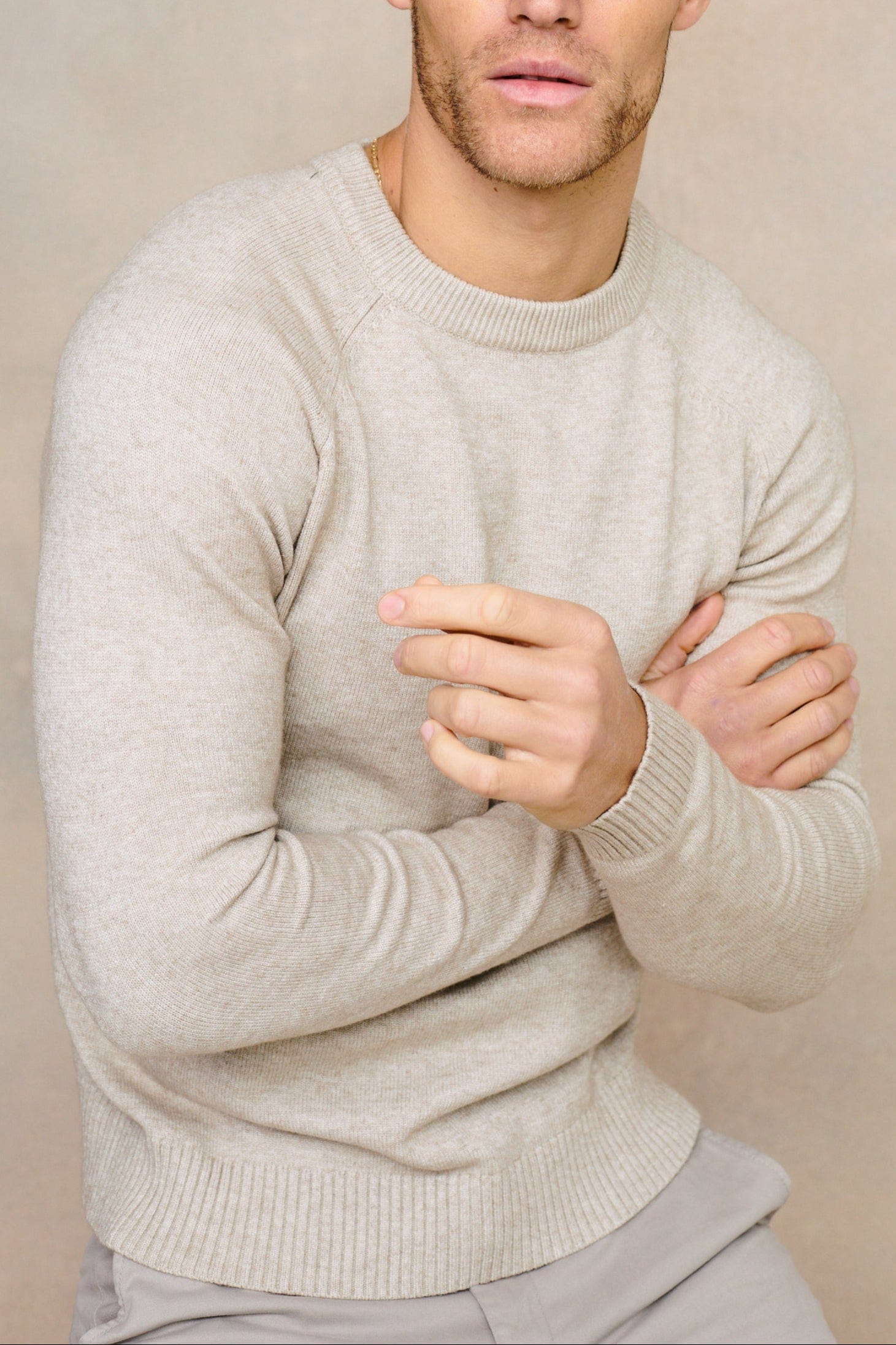 Lando gebreide trui met ronde hals - Havermoutkleur