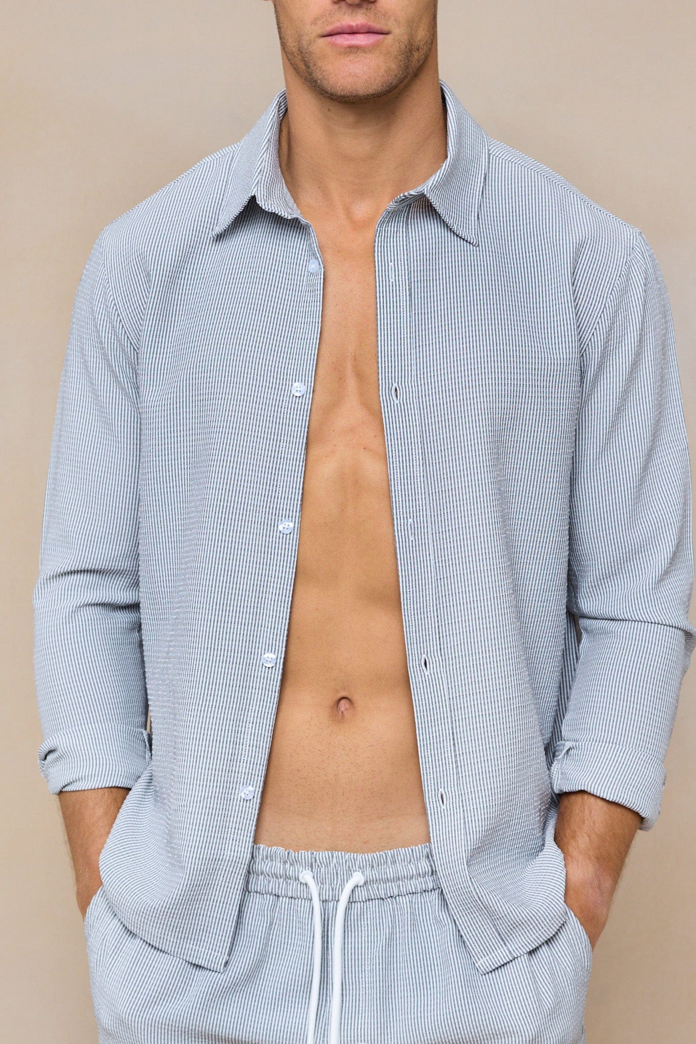 Vittorio Seersucker shirt met lange mouwen - Zwart/Wit