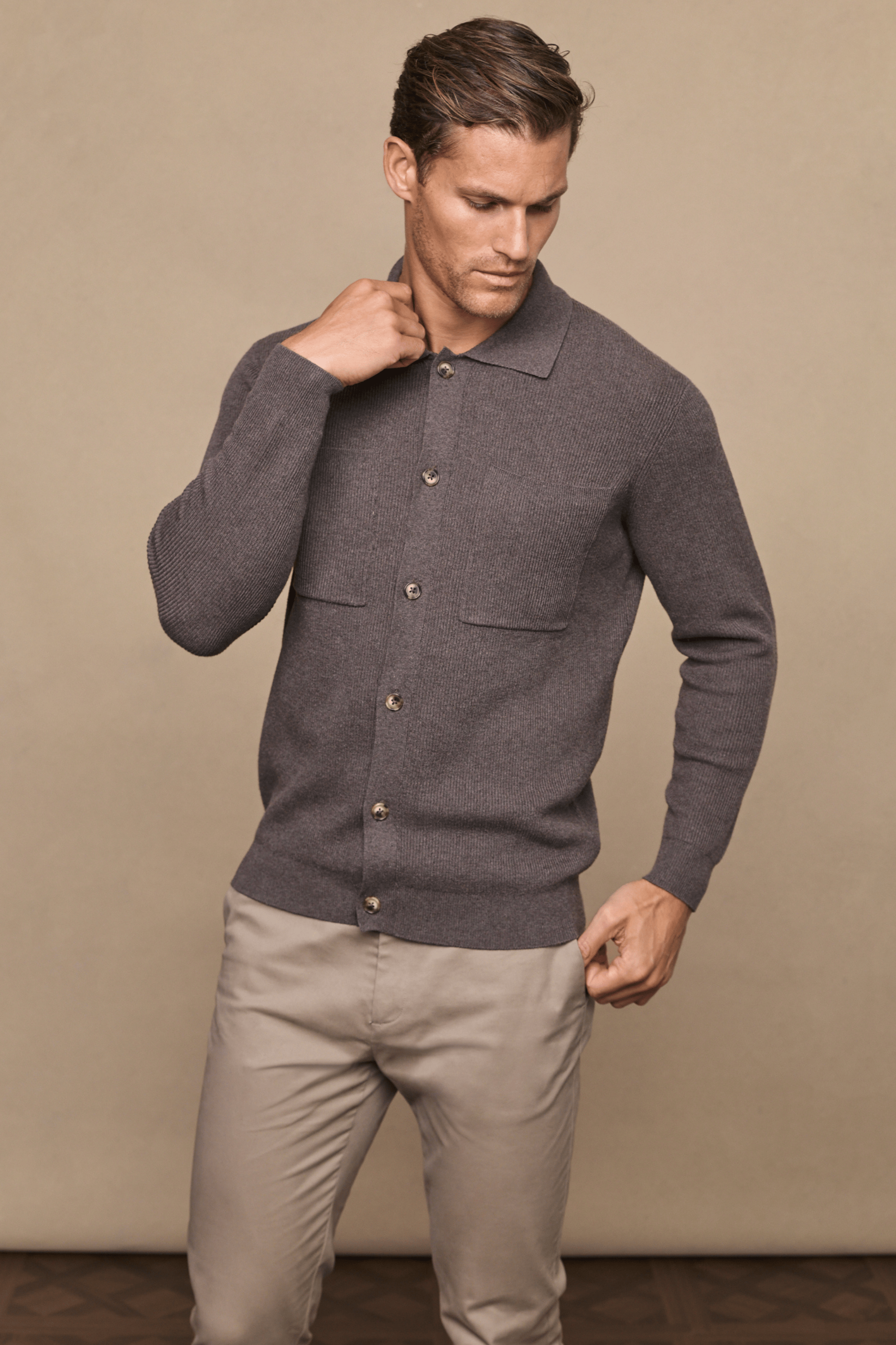 Elias Rib Top Pocket Cardigan - Lichtbruin gemêleerd