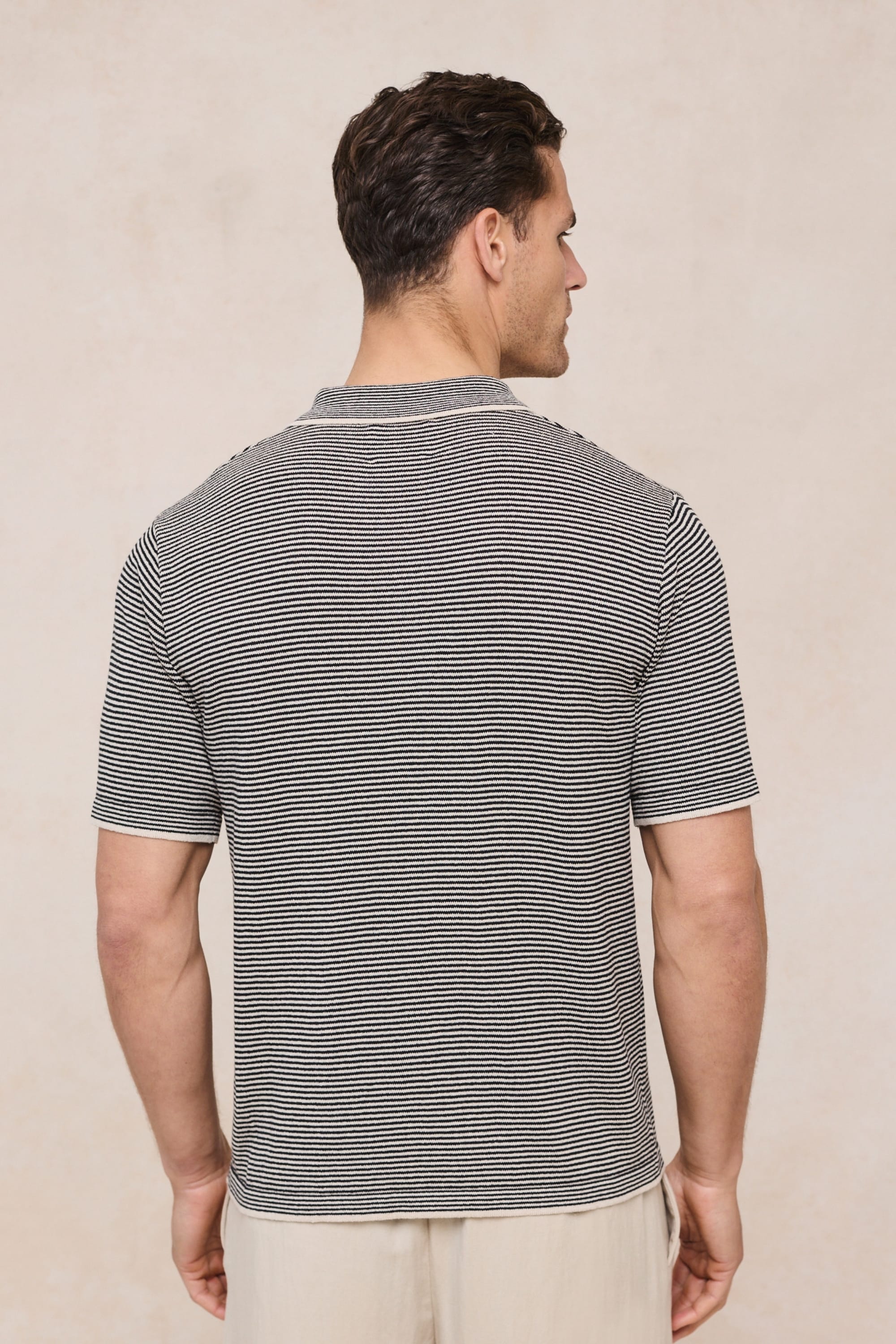 Felipe Contrast Hems Striped Linen Half Placket Polo - Beige/Black