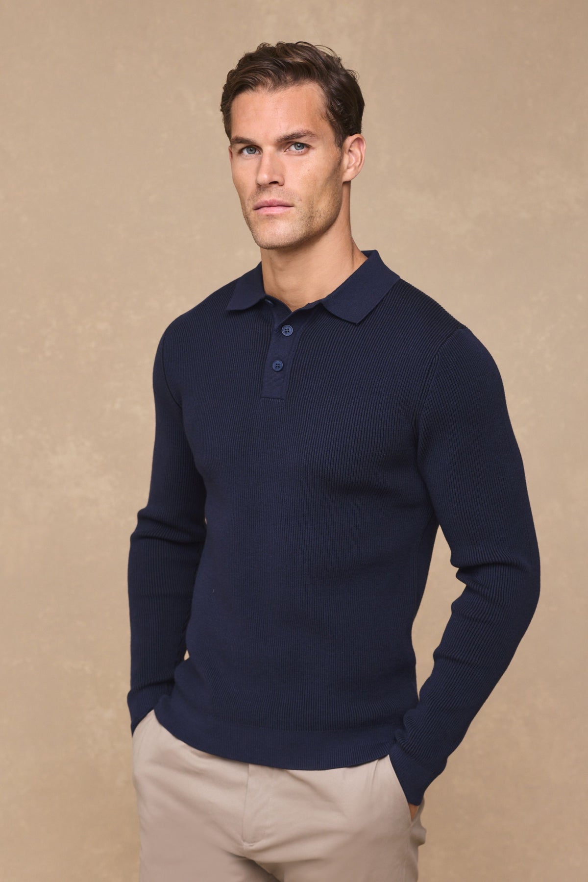 Angus geribbelde polo - marineblauw