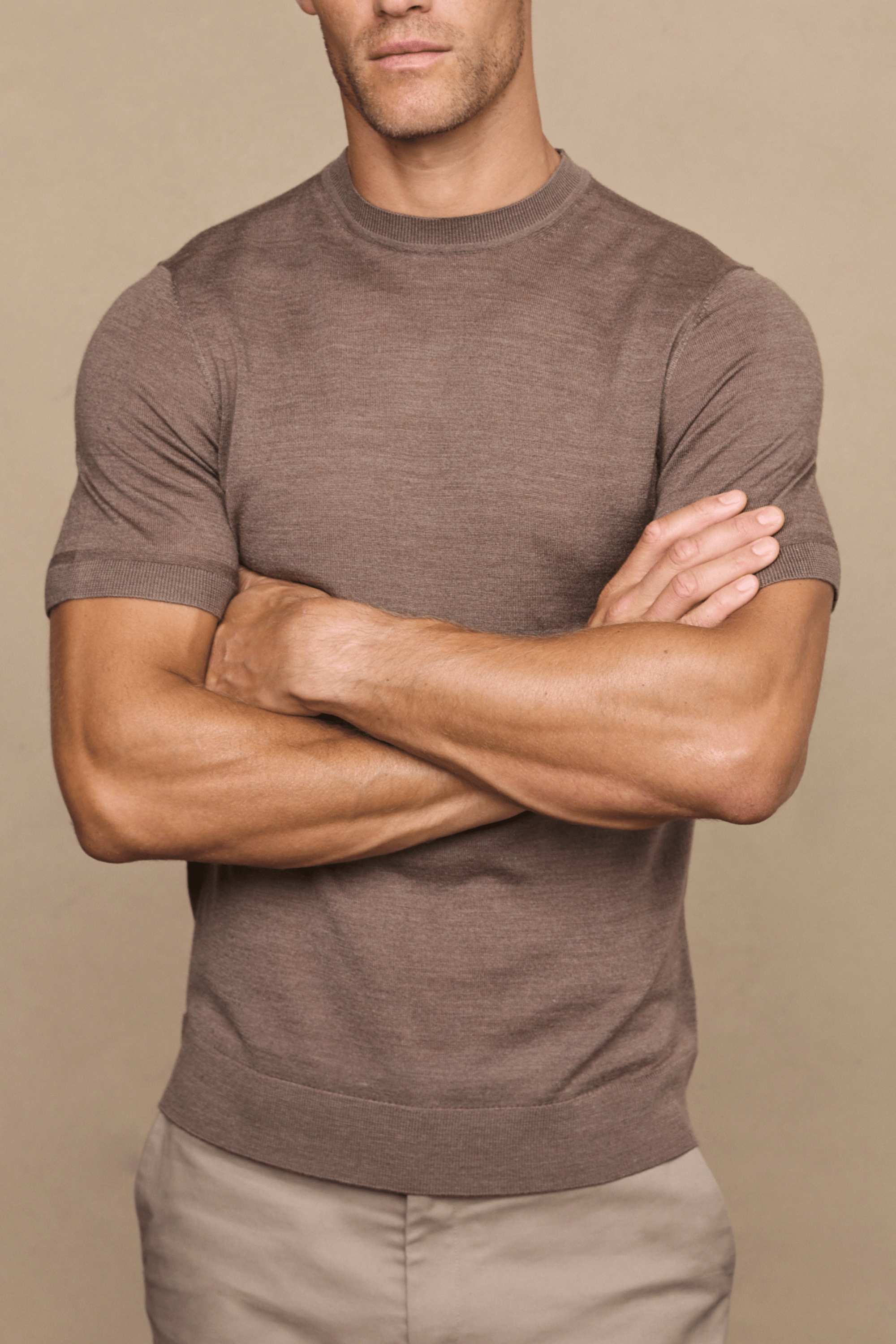 Cedric fijngebreid T-shirt - Bruin gemêleerd