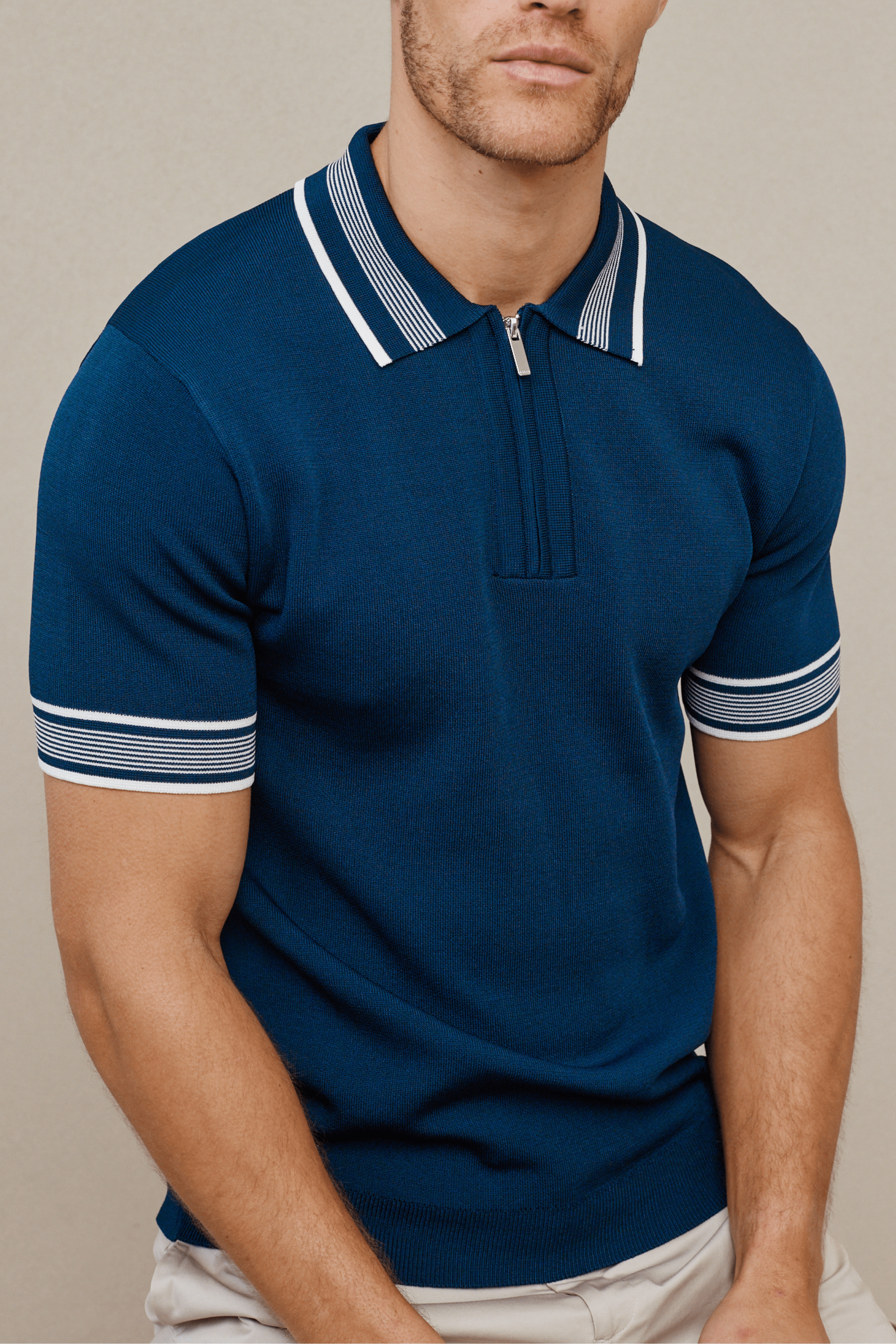 Vida Gebreid Gestreept Poloshirt - Marine