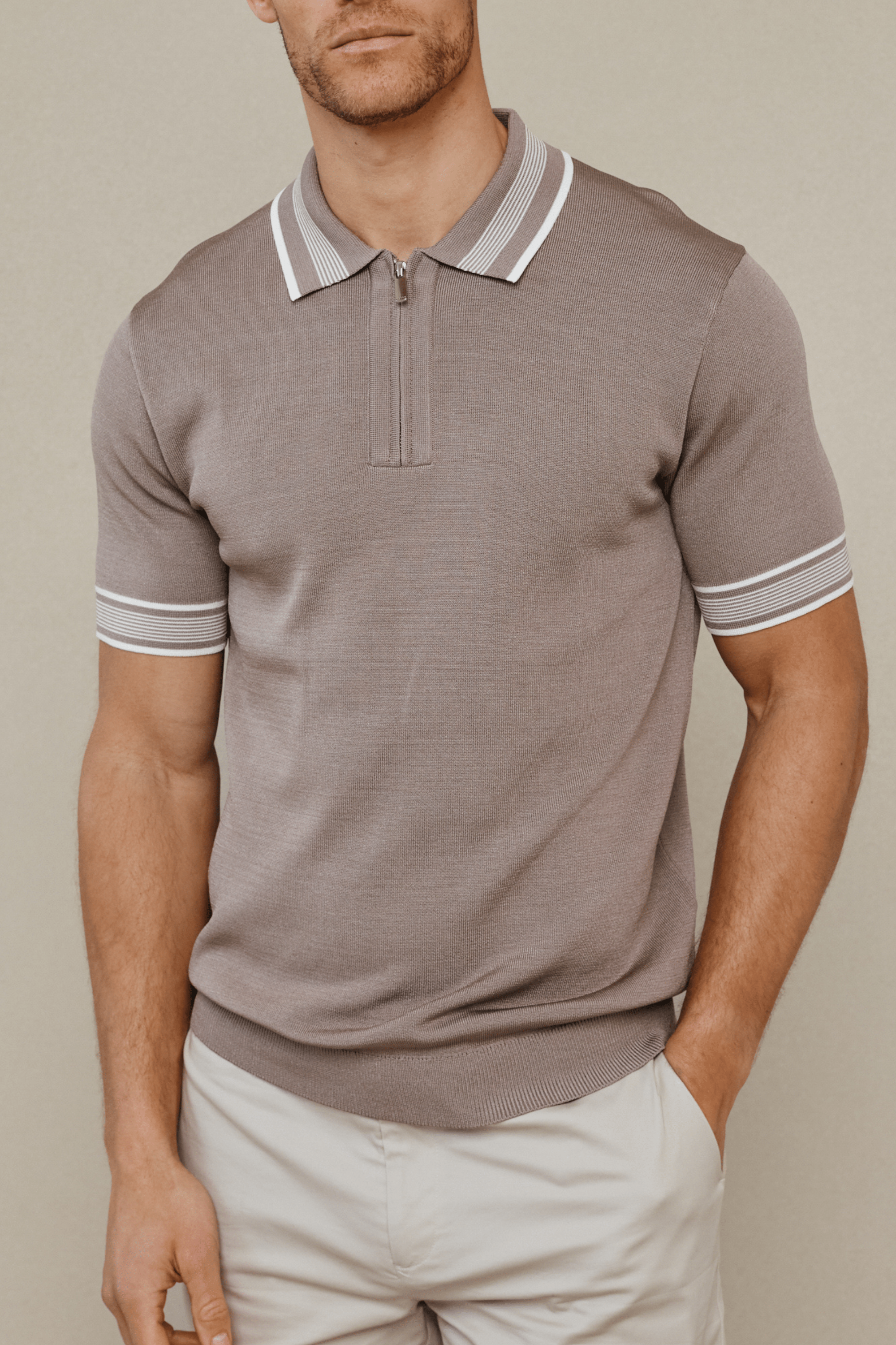 Vida Gebreid Gestreept Poloshirt - Taupe