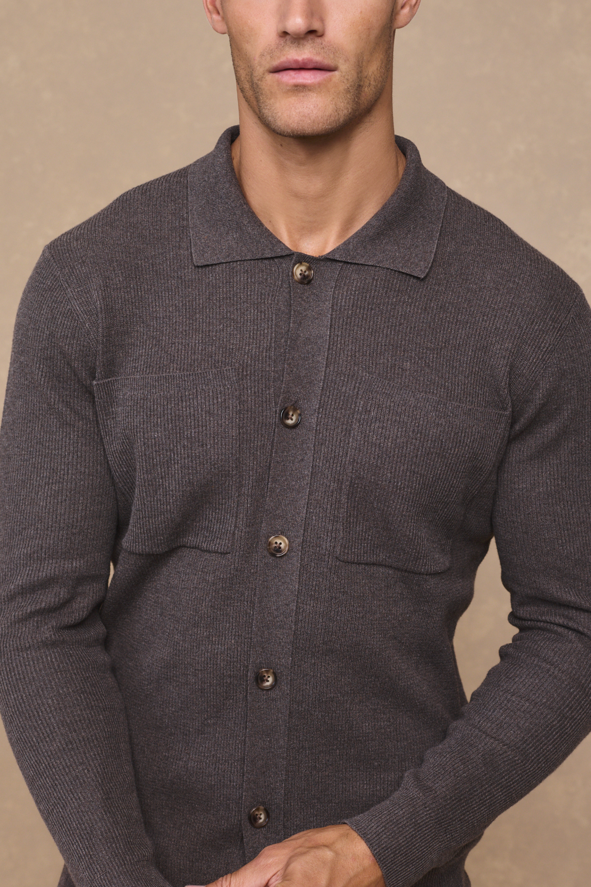 Elias Rib Top Pocket Cardigan - Lichtbruin gemêleerd