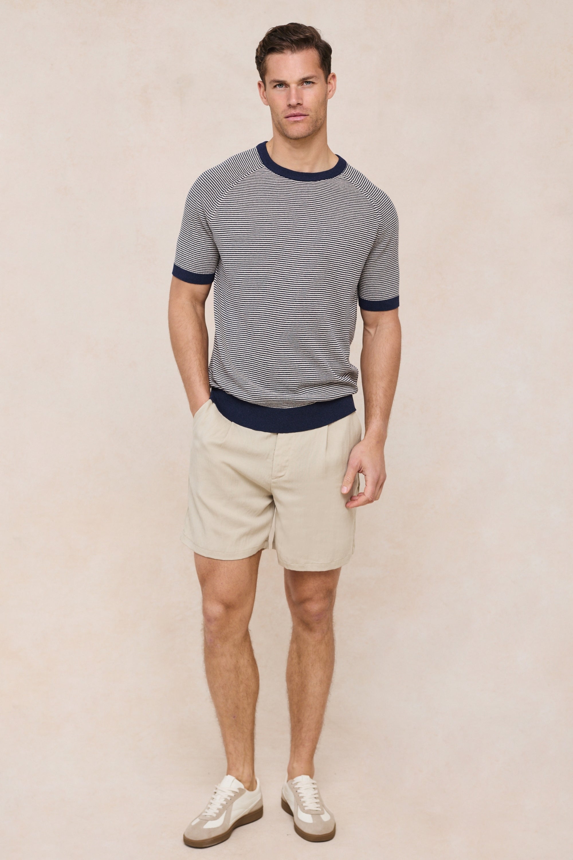 Rafael linnen gestreept T-shirt met ronde hals - Marineblauw/beige
