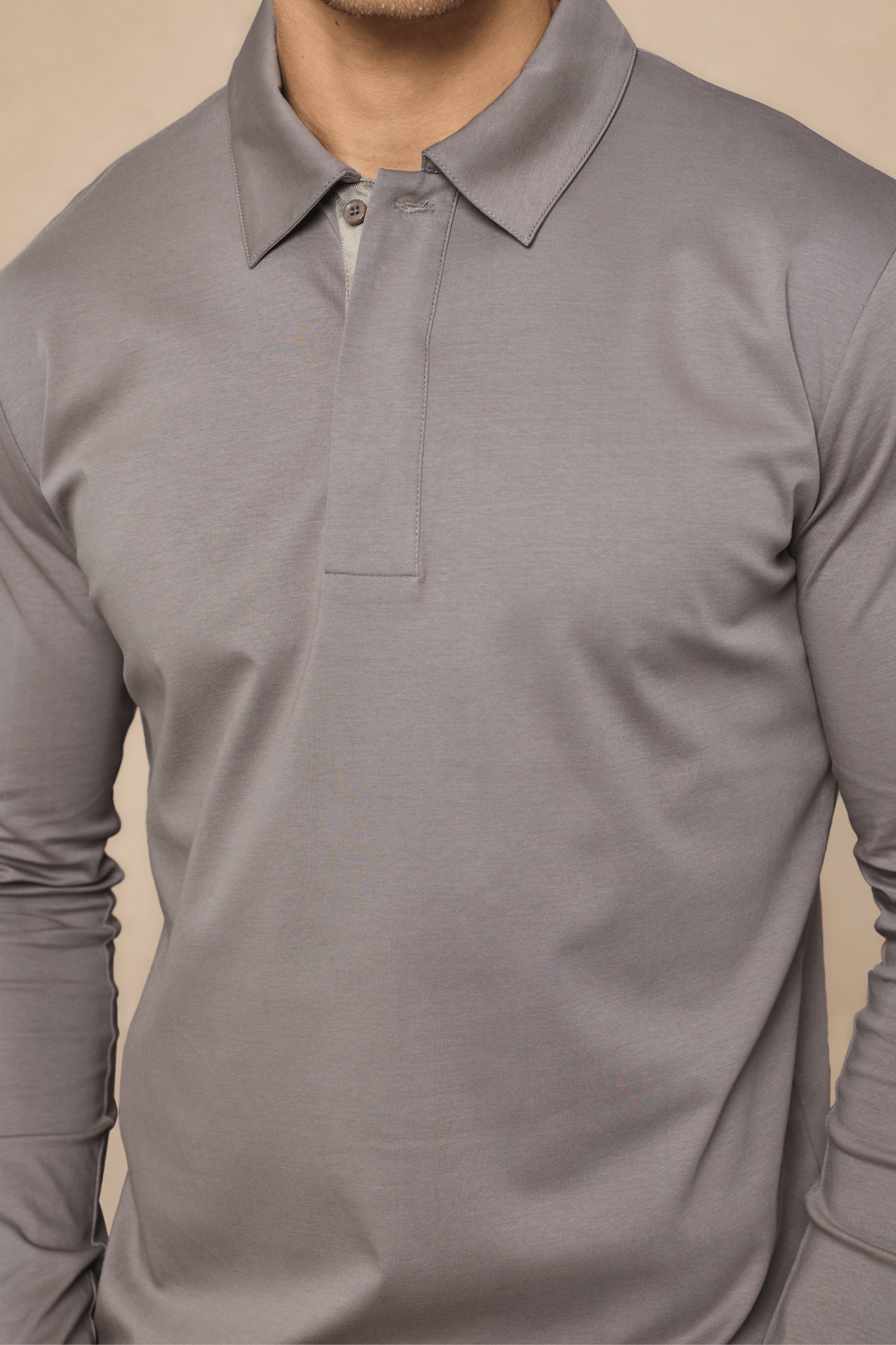 Santi poloshirt met lange mouwen van gemerceriseerd staal - paddenstoelkleur