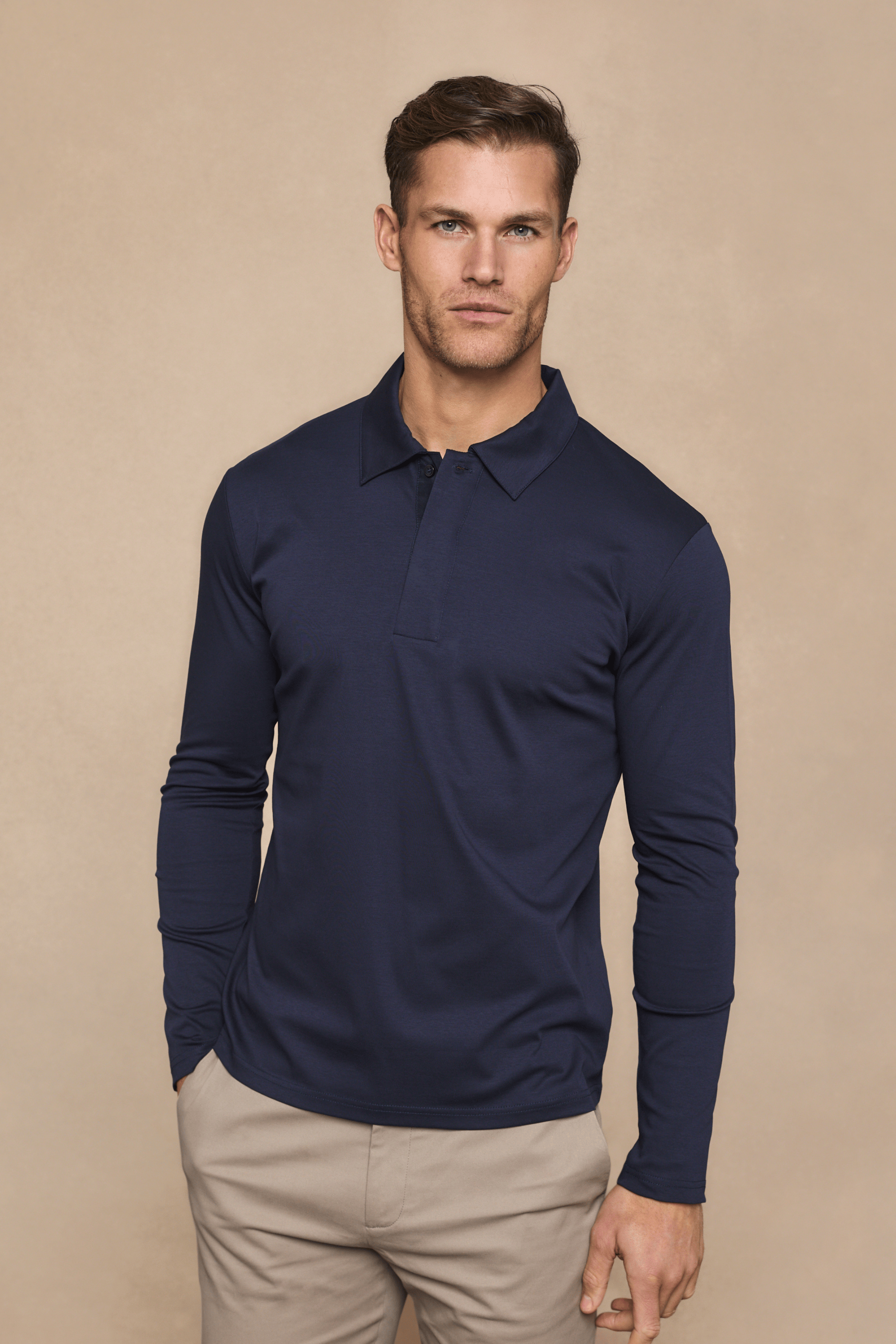 Santi poloshirt met lange mouwen van gemerceriseerd staal - marineblauw