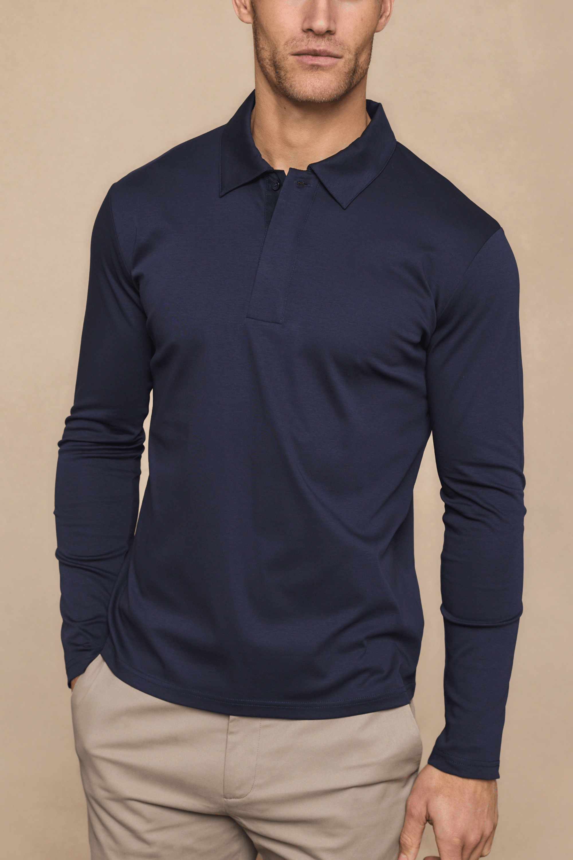 Santi poloshirt met lange mouwen van gemerceriseerd staal - marineblauw