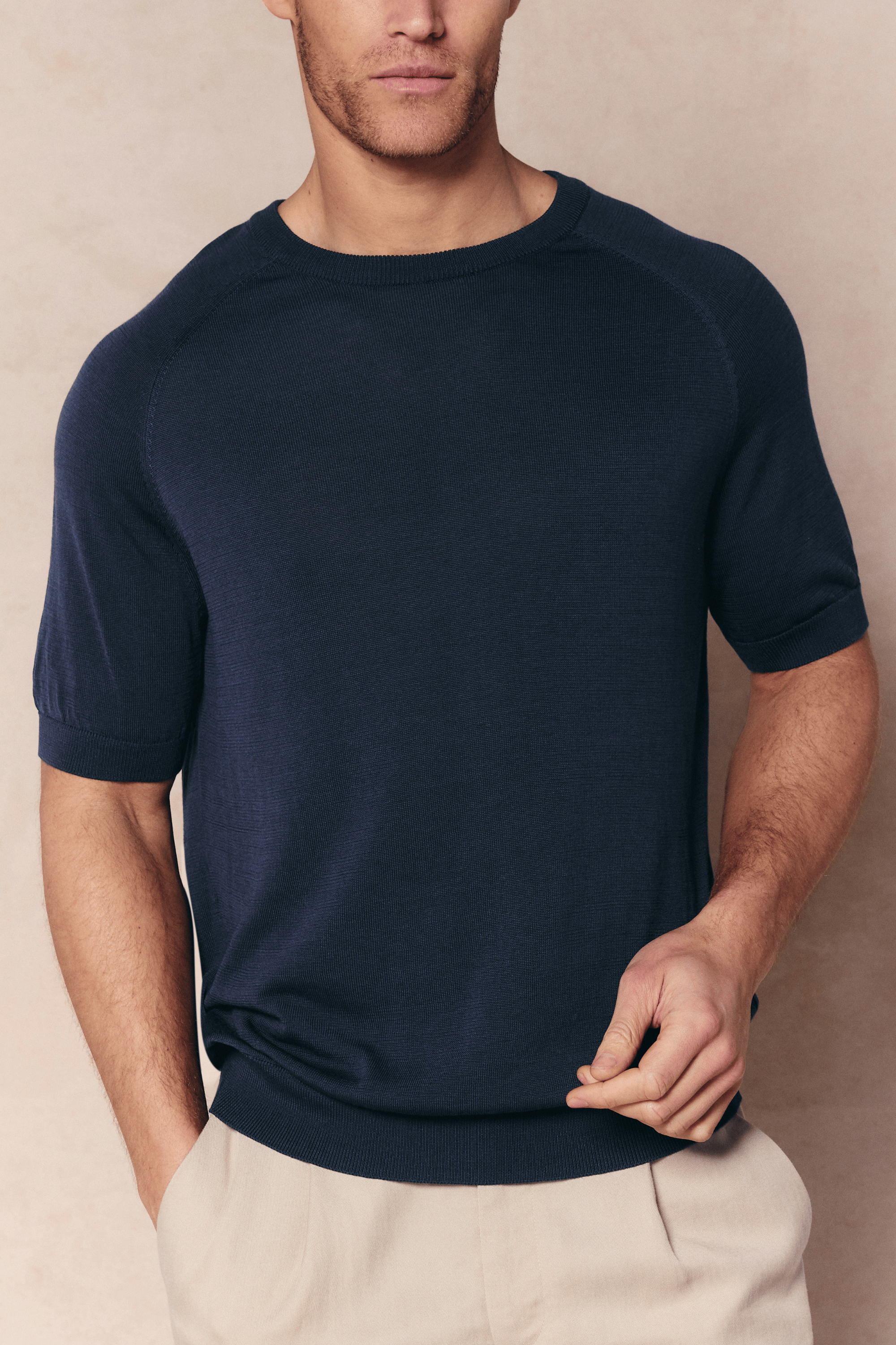 Riera gebreid T-shirt met ronde hals - Middernachtblauw