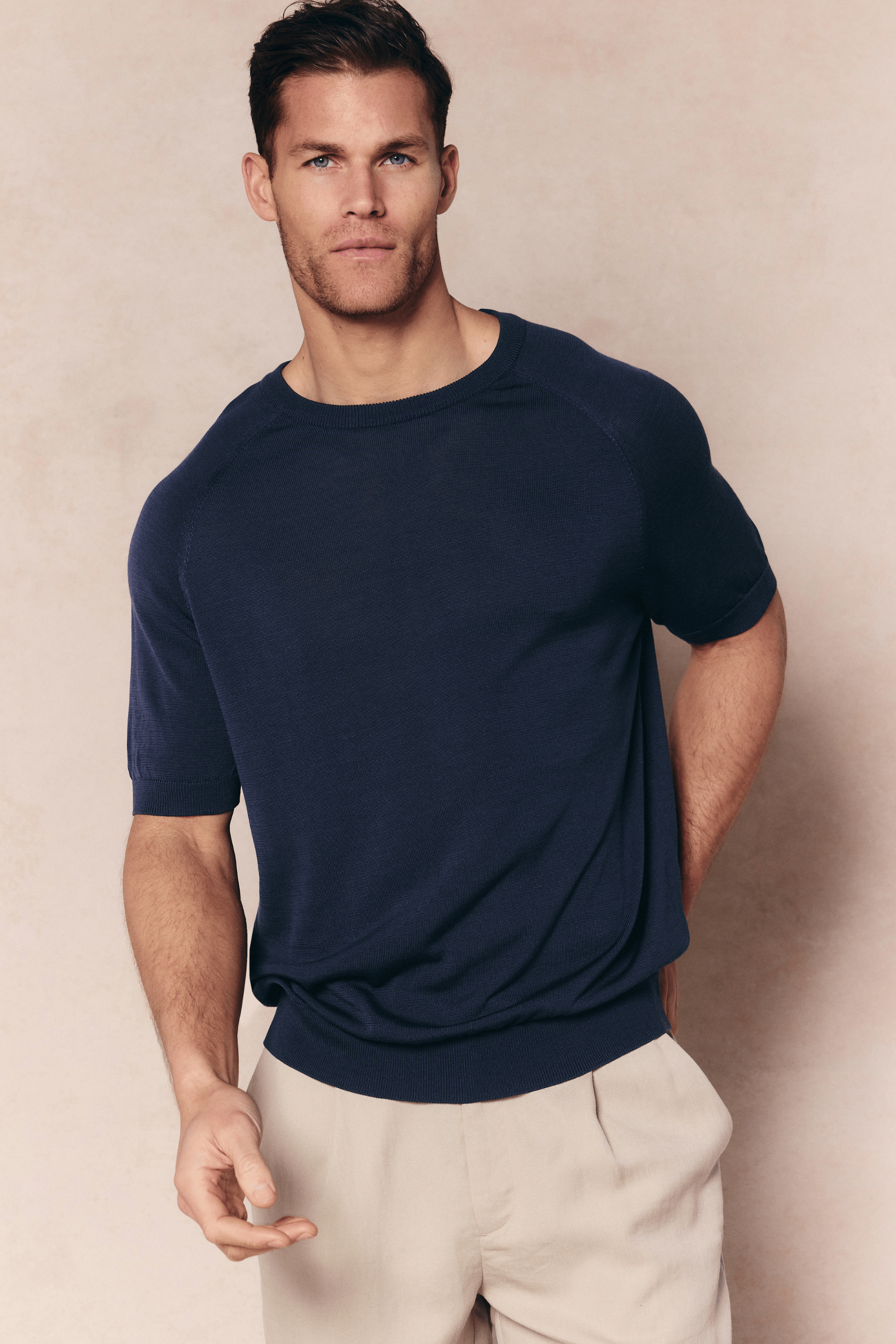 Riera gebreid T-shirt met ronde hals - Middernachtblauw