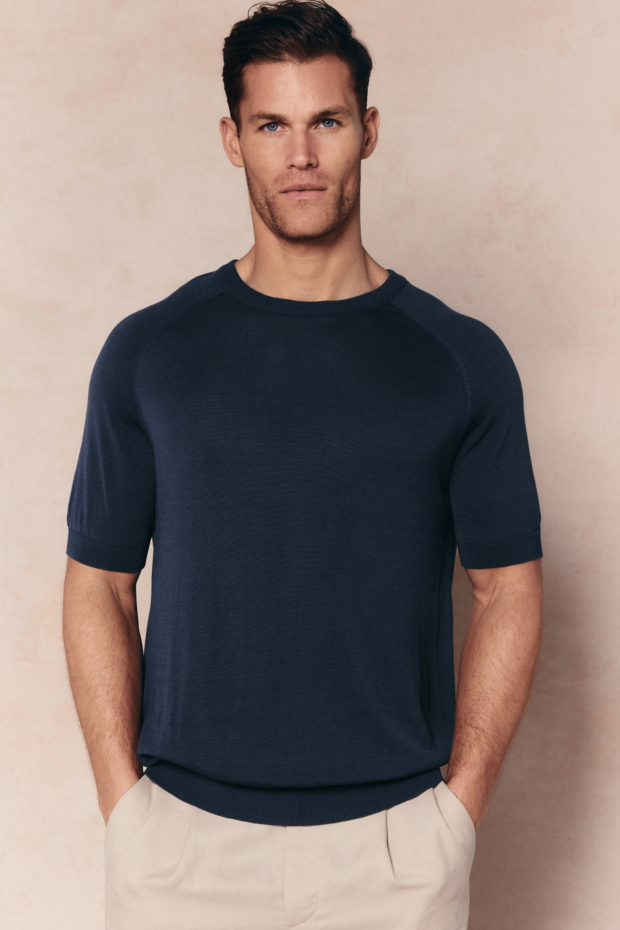 Riera gebreid T-shirt met ronde hals - Middernachtblauw