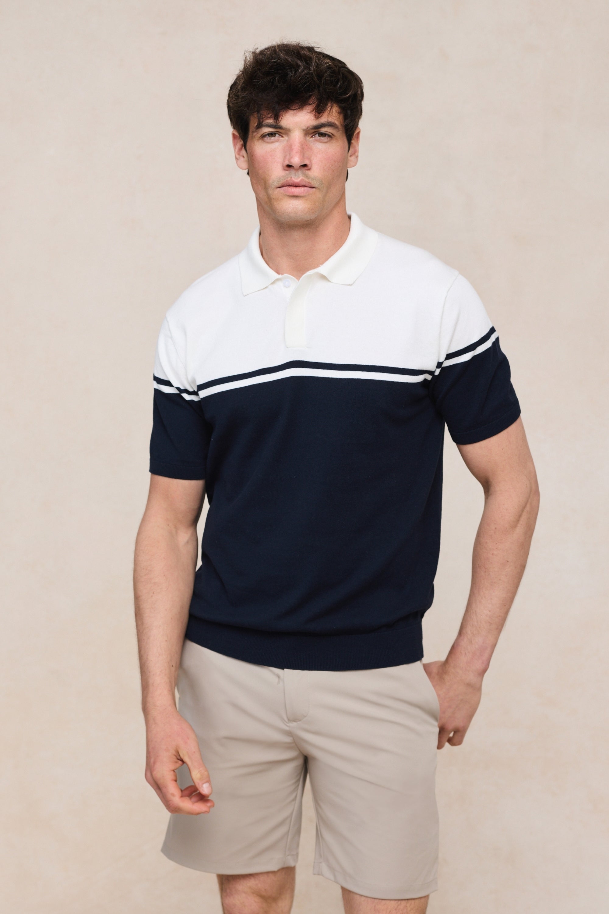 Vicolo Knitted Striped Block Polo SS - Ecru/Navy