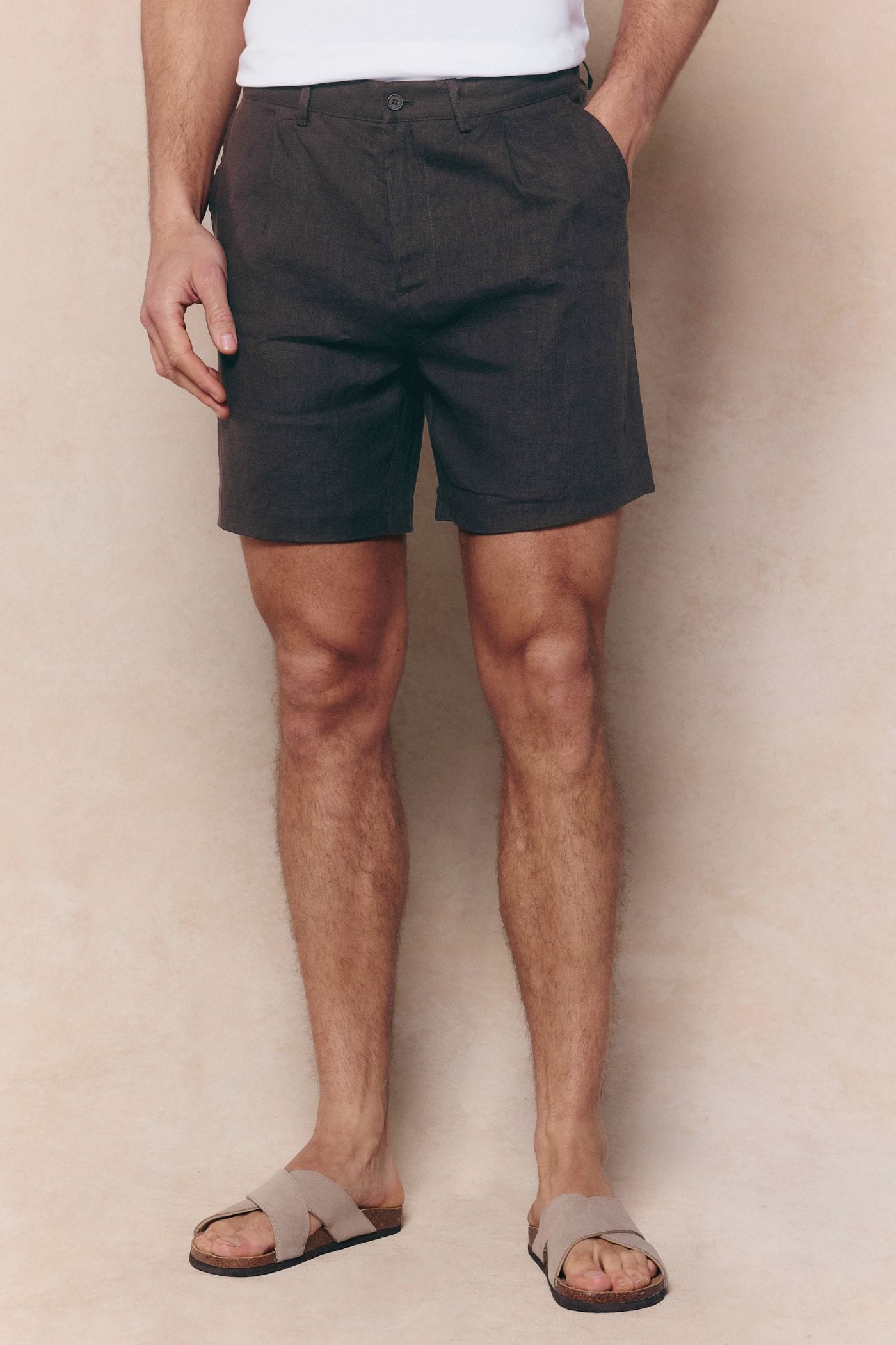 Javier linnen short met geplooide tailleband - bruin