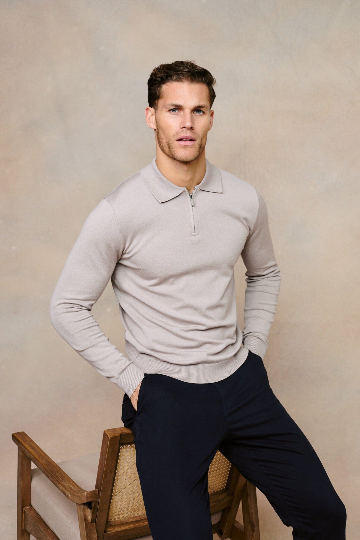 Knitted Long Sleeve Zip Polo Shirt - Warm Grey