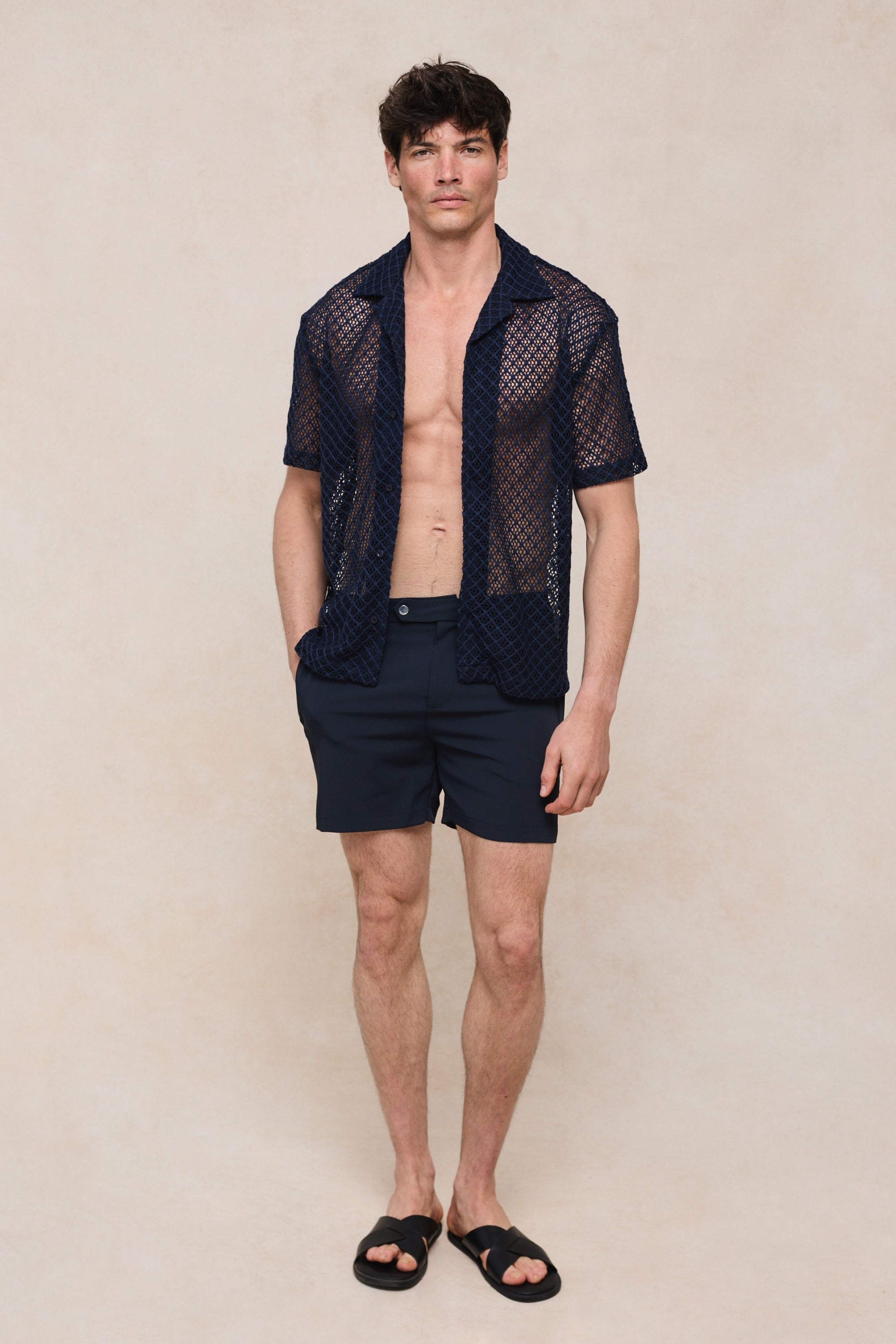 Marcelo overhemd met korte mouwen en kant - Marineblauw