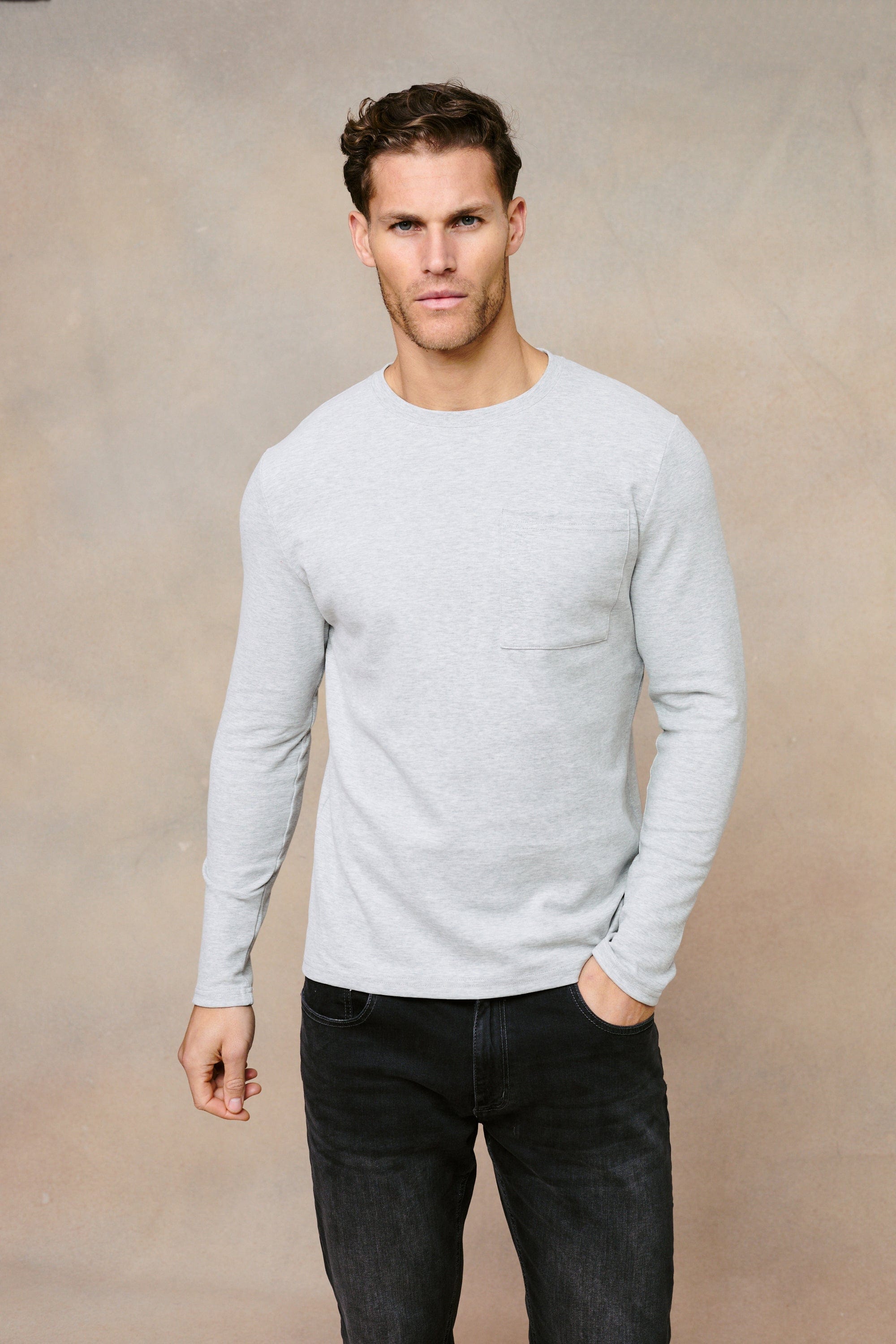 Tyler T-shirt met lange mouwen en borstzak - Grijs gemêleerd