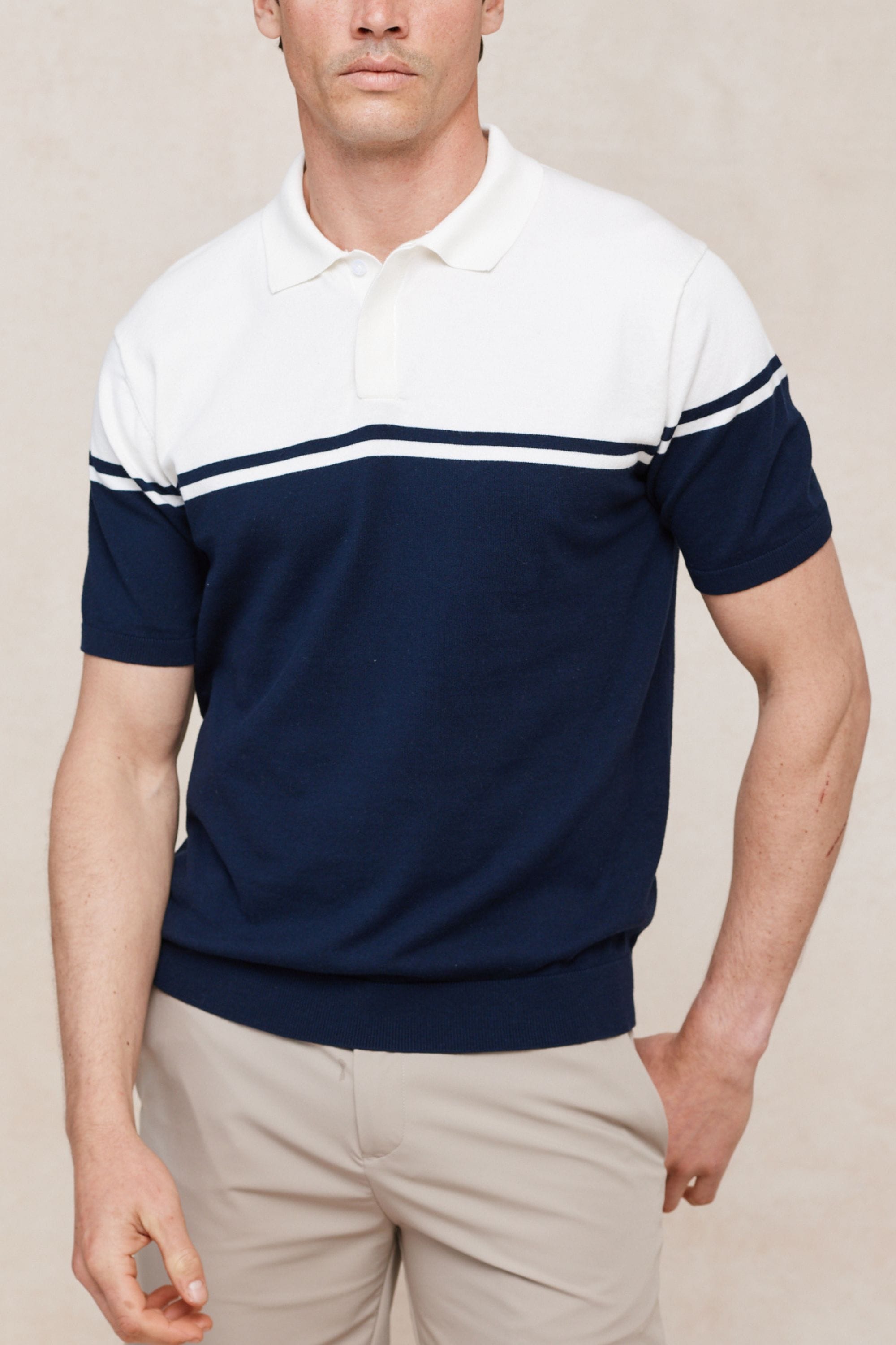 Vicolo gebreide polo met strepen en blokprint, korte mouwen - ecru/marineblauw