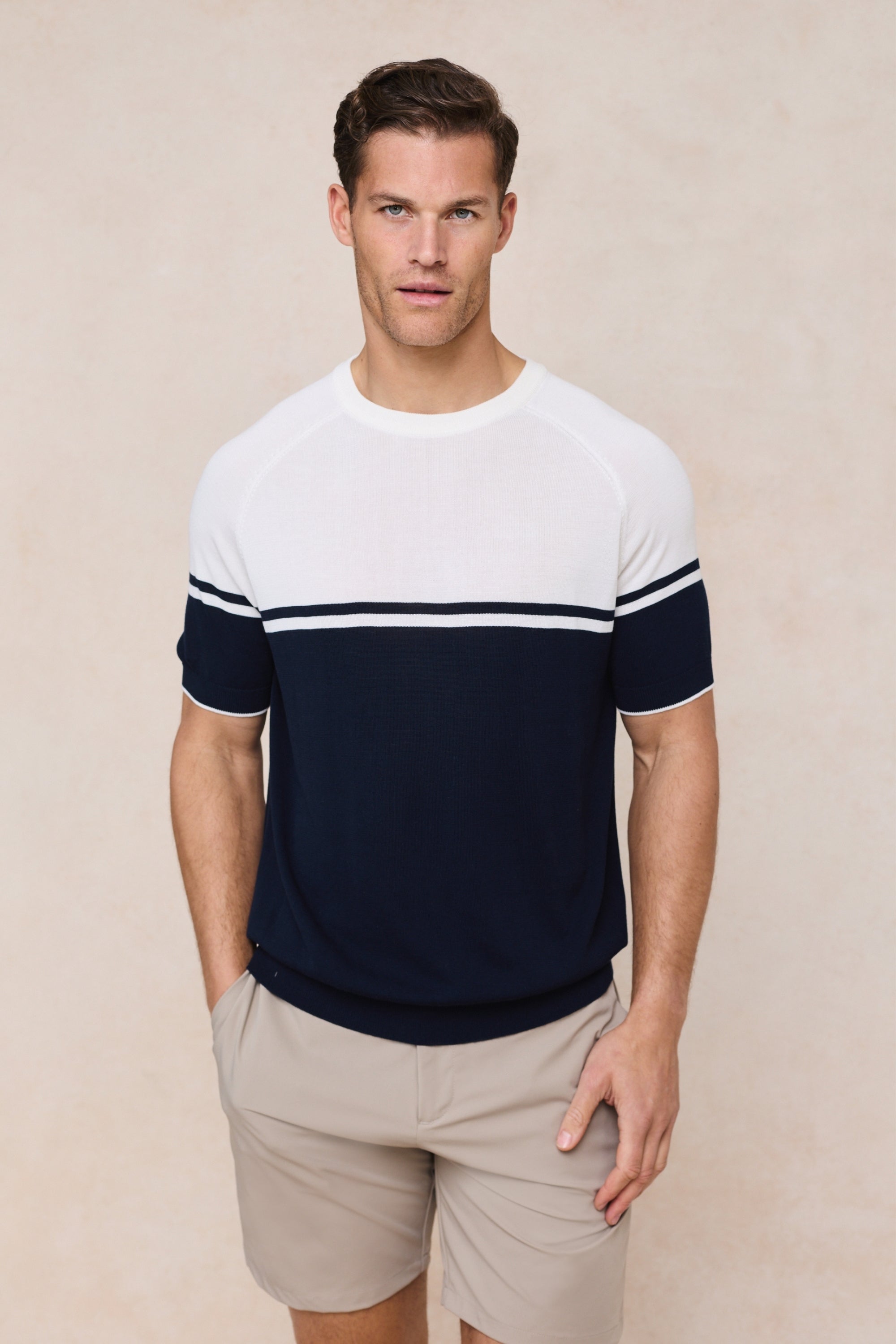 Riera Colour Block Knit Crew Neck T-Shirt - Navy/Ecru