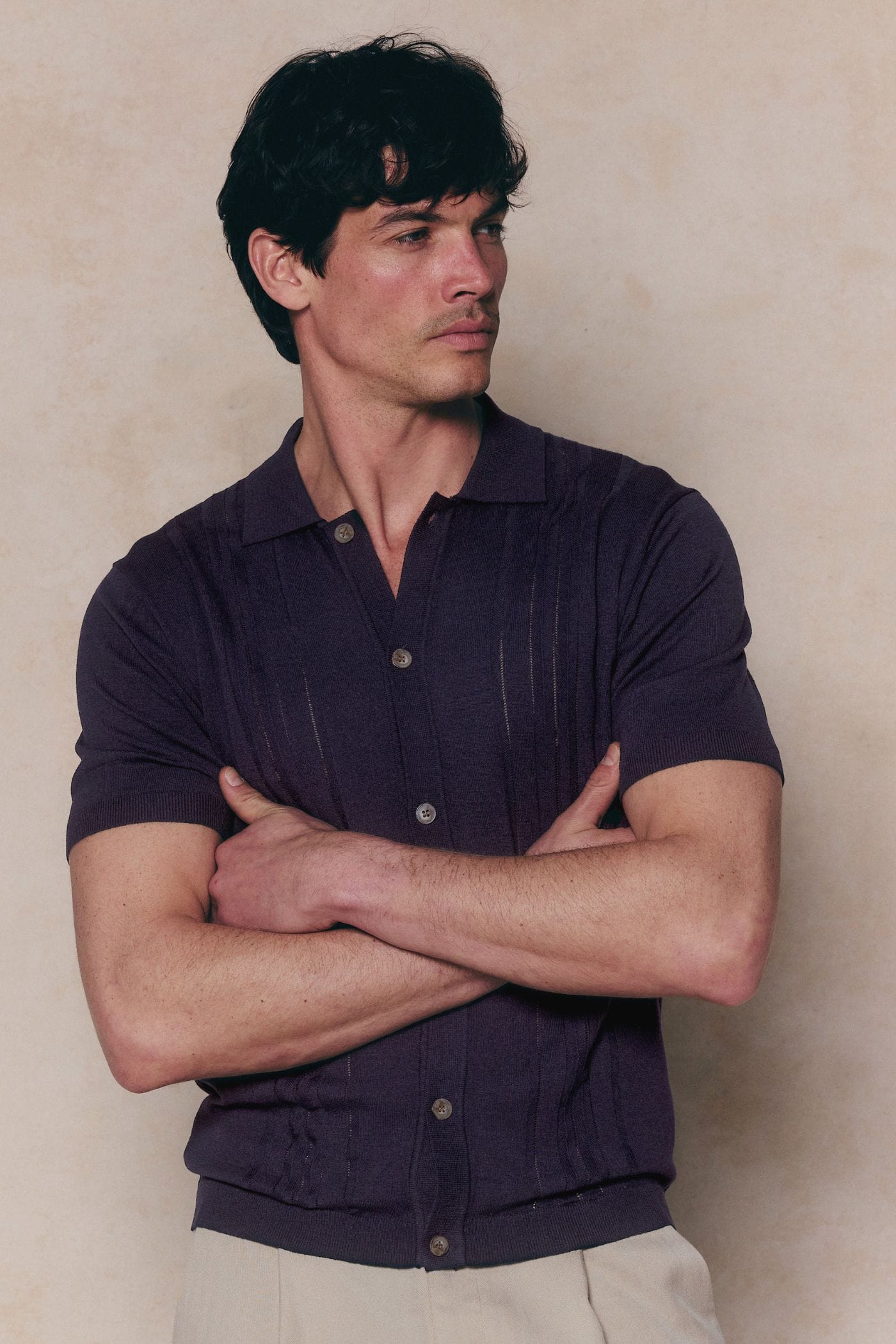 Juan Button Thru Boucle Knit Striped Polo - Navy