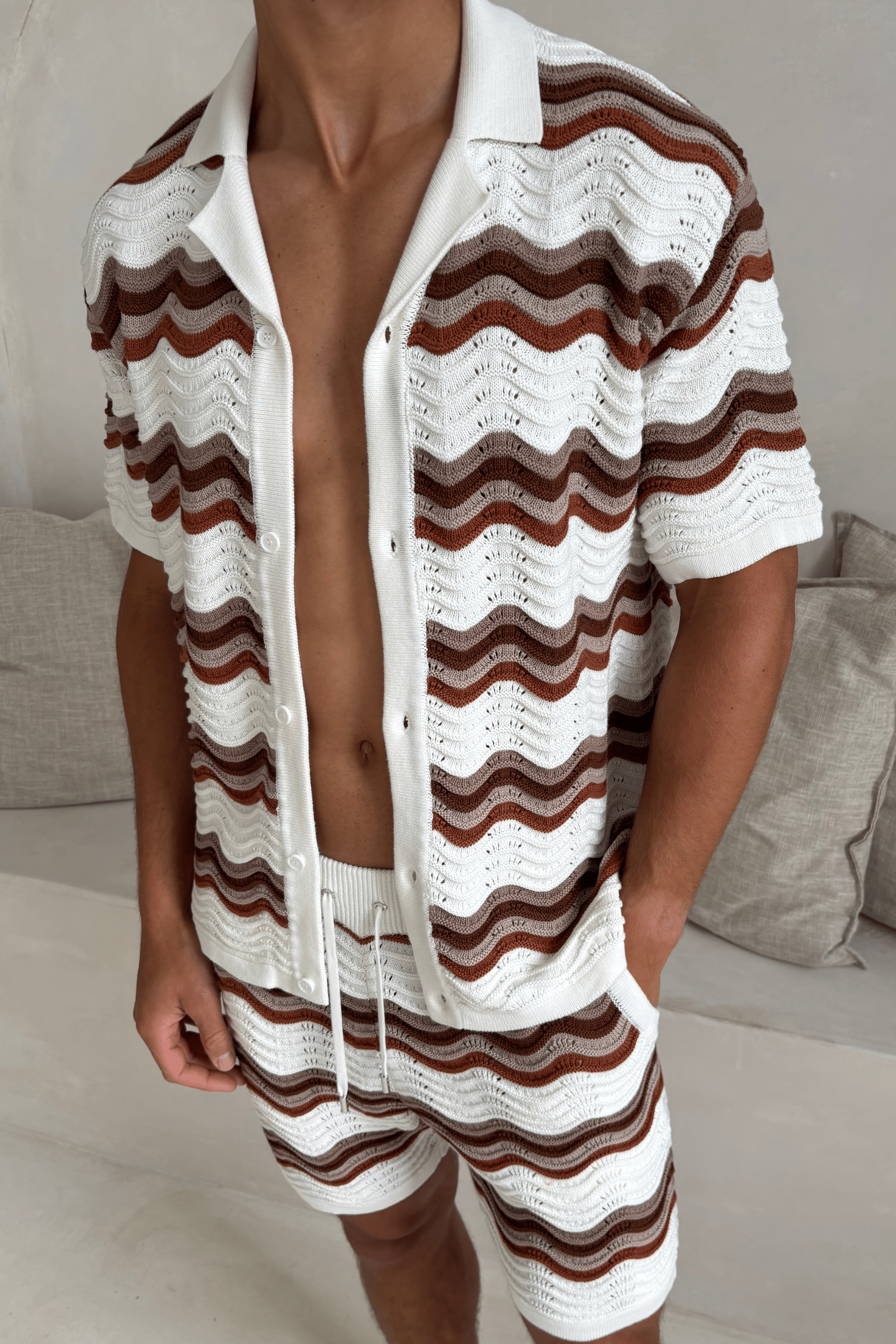 Primavera Gehaakt Gebreid Shirt - Ecru/Bruin