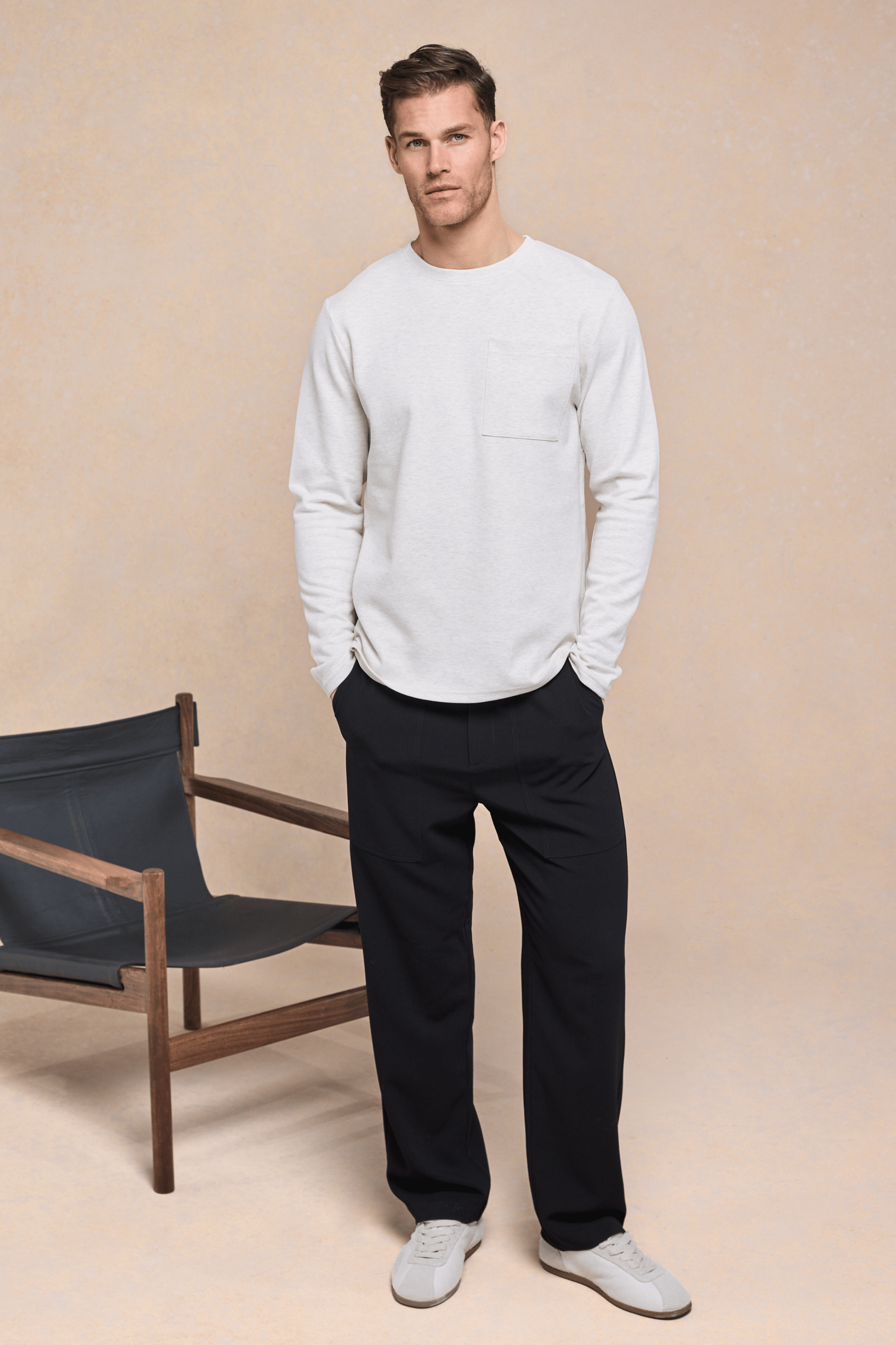 Tyler T-shirt met lange mouwen en borstzak - Stone Marl