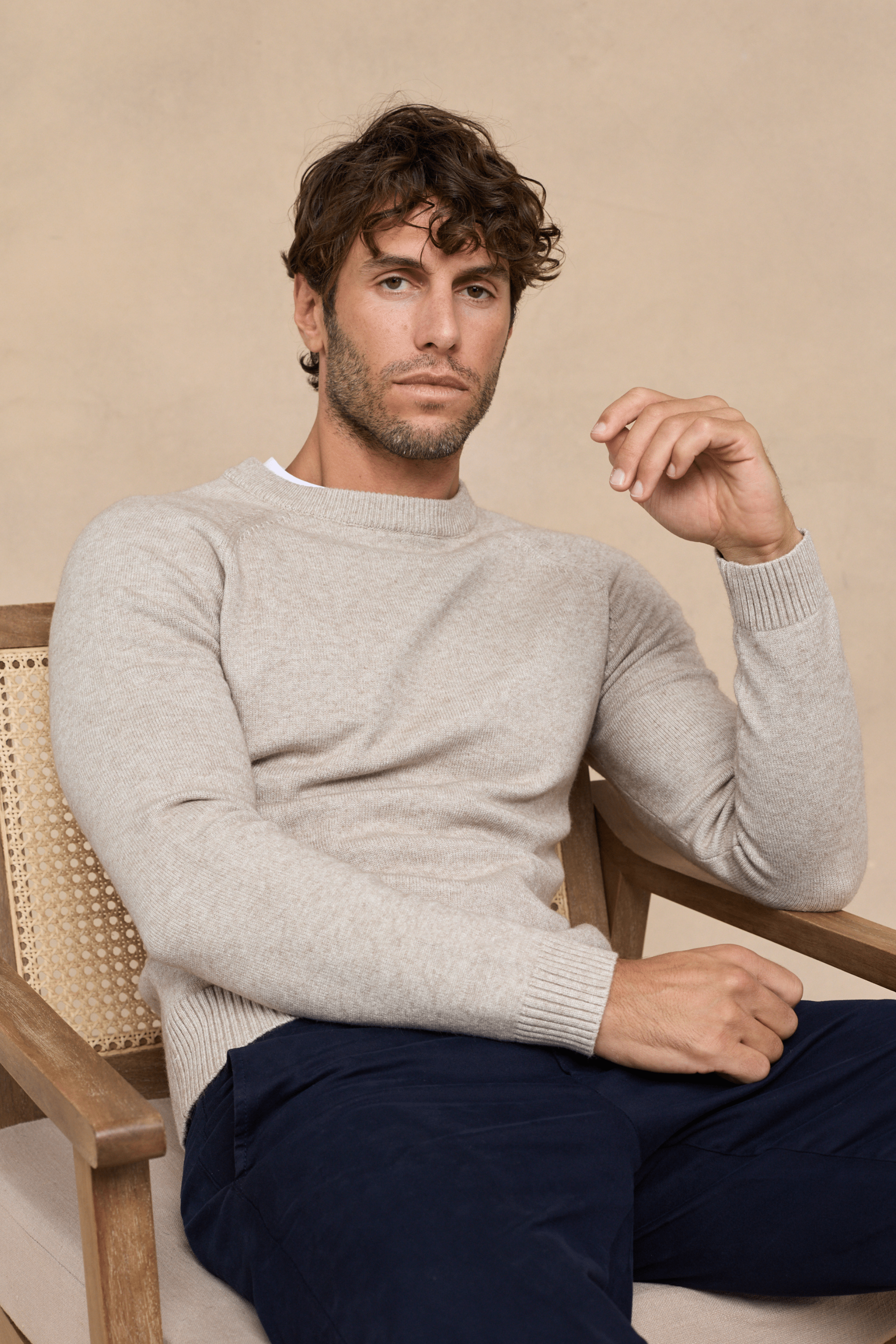 Lando gebreide trui met ronde hals - Havermoutkleur