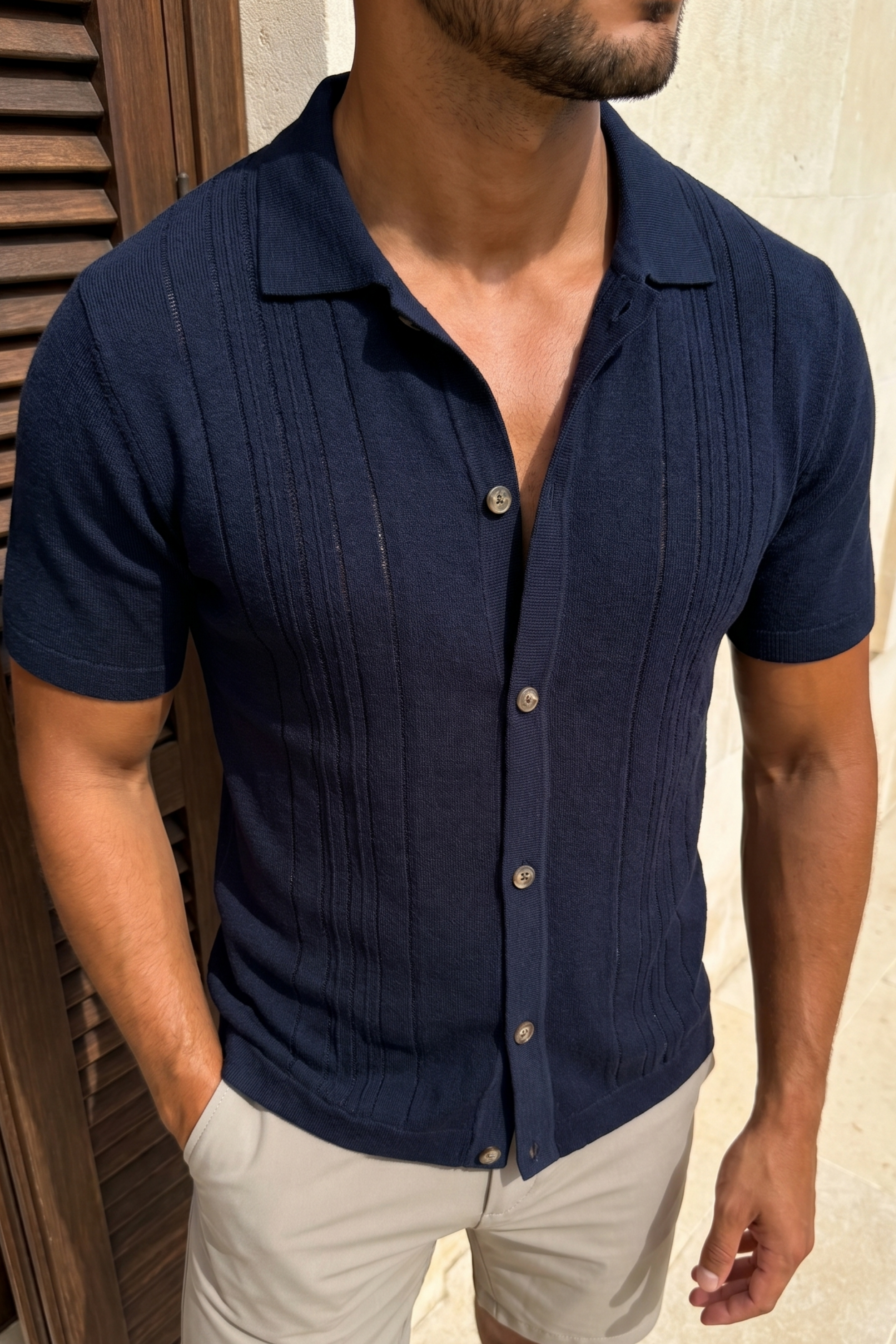 Juan Button Thru Boucle Knit Striped Polo - Navy