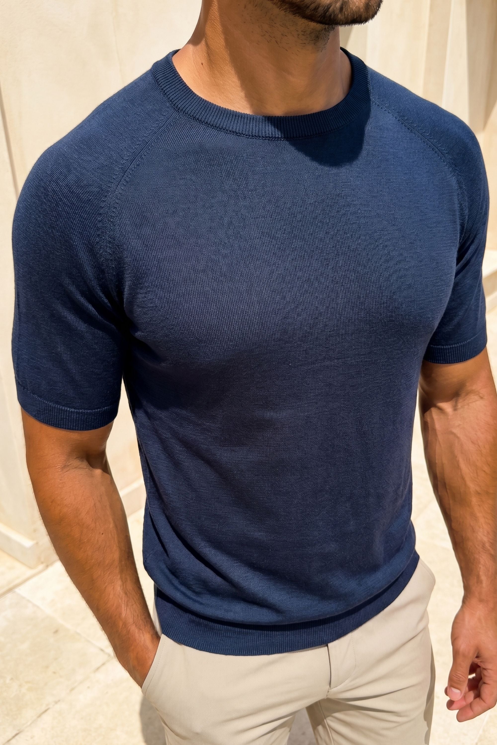 Riera gebreid T-shirt met ronde hals - Middernachtblauw
