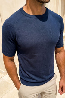 Riera gebreid T-shirt met ronde hals - Middernachtblauw