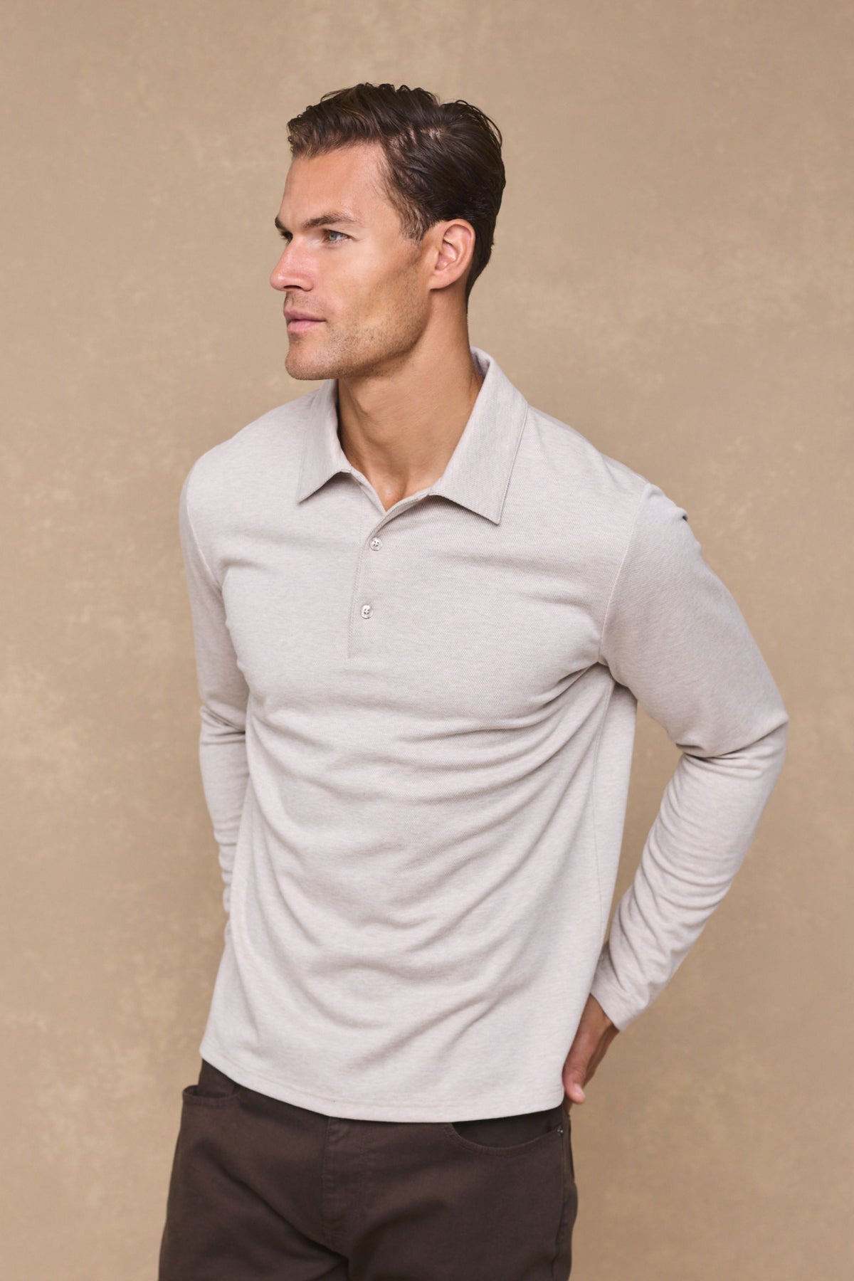 Santino Long Sleeve Half Button Polo - Oatmeal