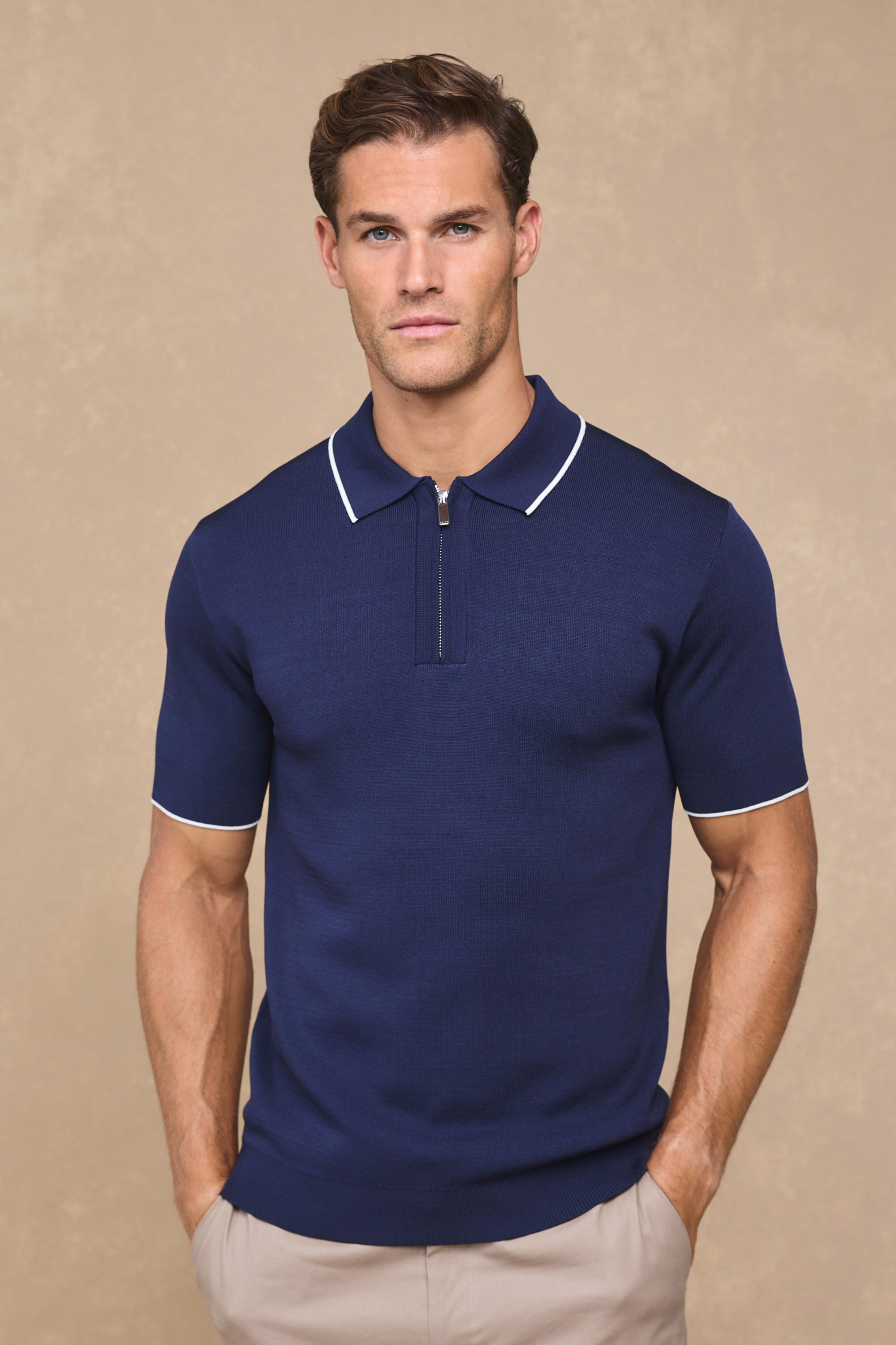 Henry Zip Short Sleeve Polo - Navy