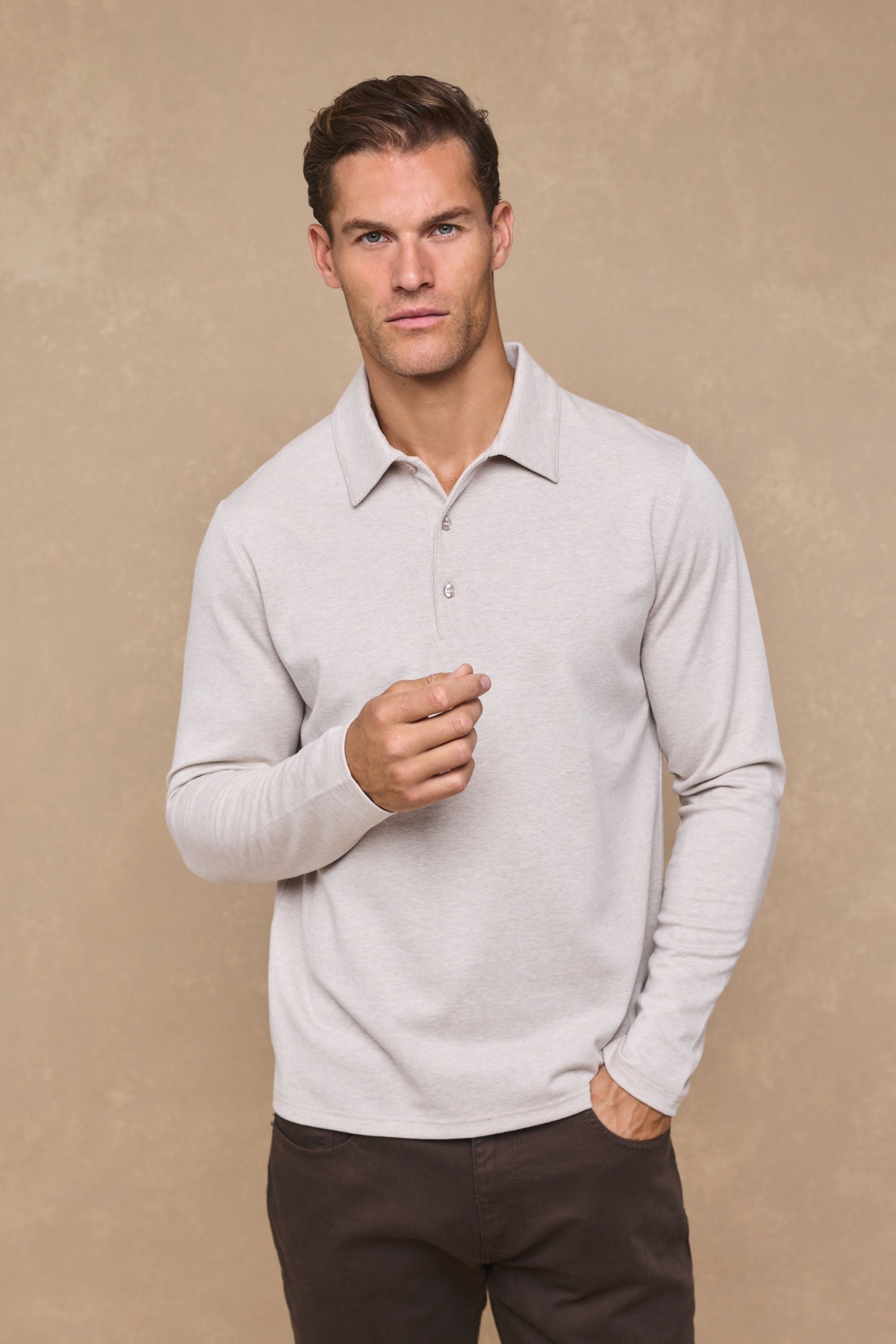 Santino Long Sleeve Half Button Polo - Oatmeal