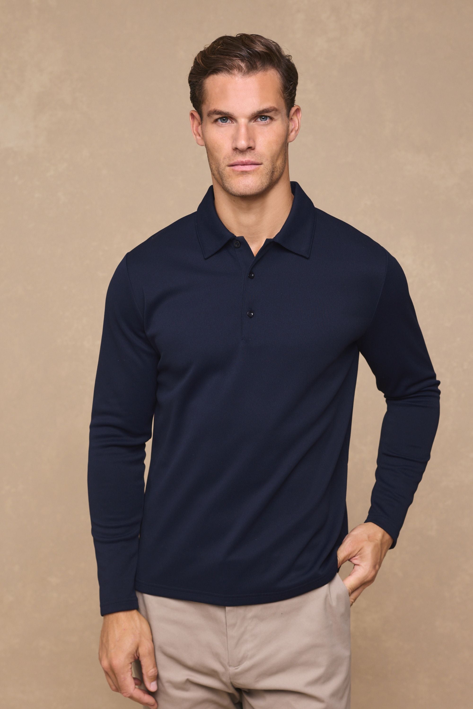 Santino Long Sleeve Half Button Polo - Dark Navy