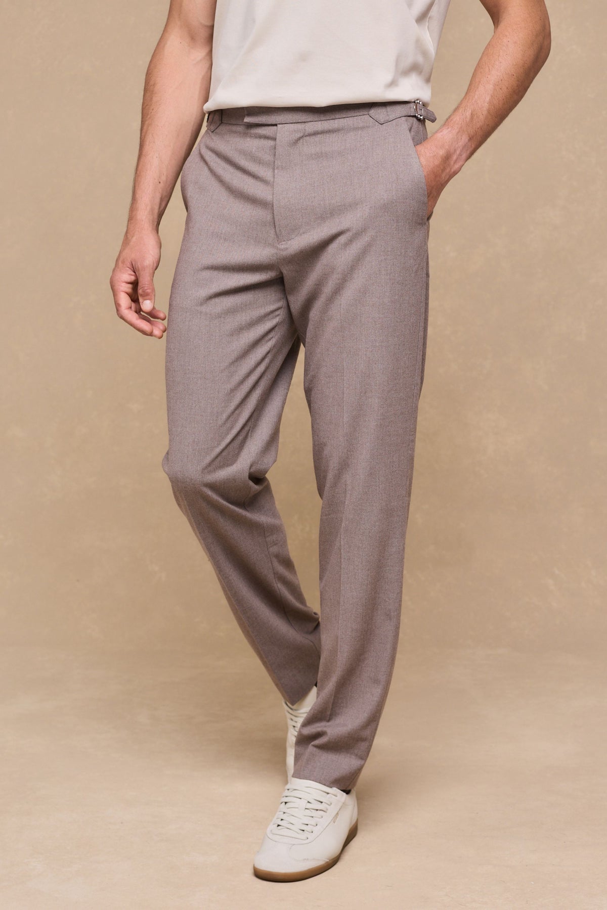 Tristan Soft Tailored Trousers With Adjusters - Taupe Marl