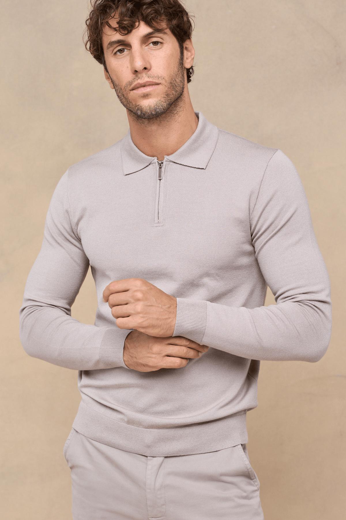 Gebreid poloshirt met lange mouwen en ritssluiting - Warmgrijs