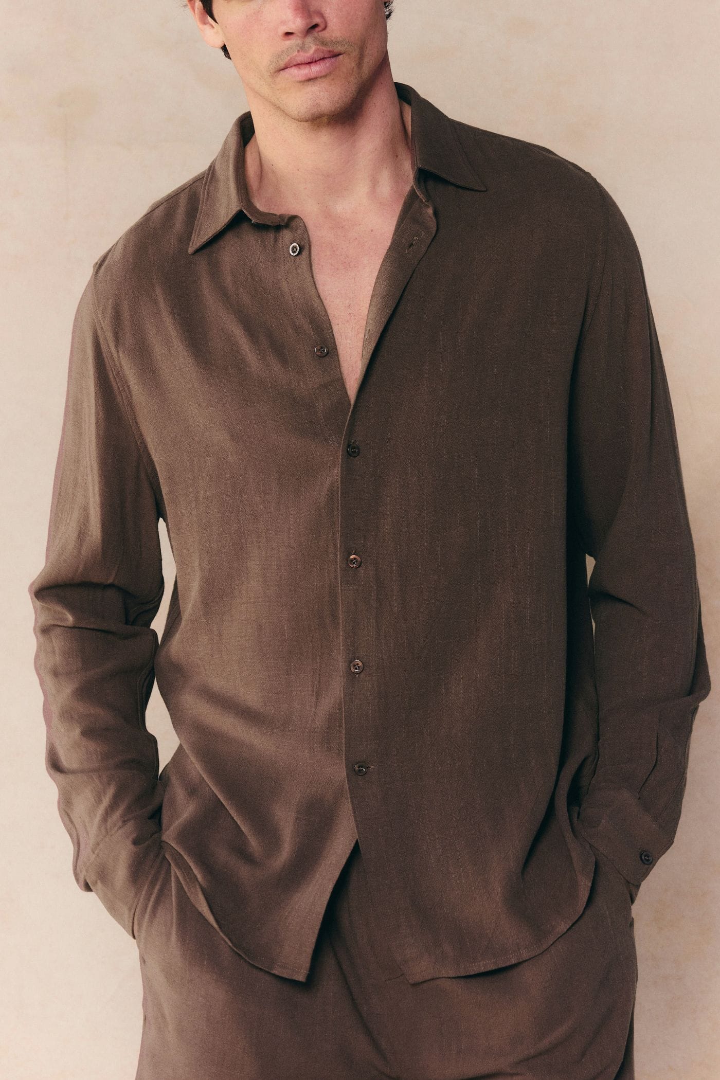 Cami Linen Classic Collar Shirt - Brown