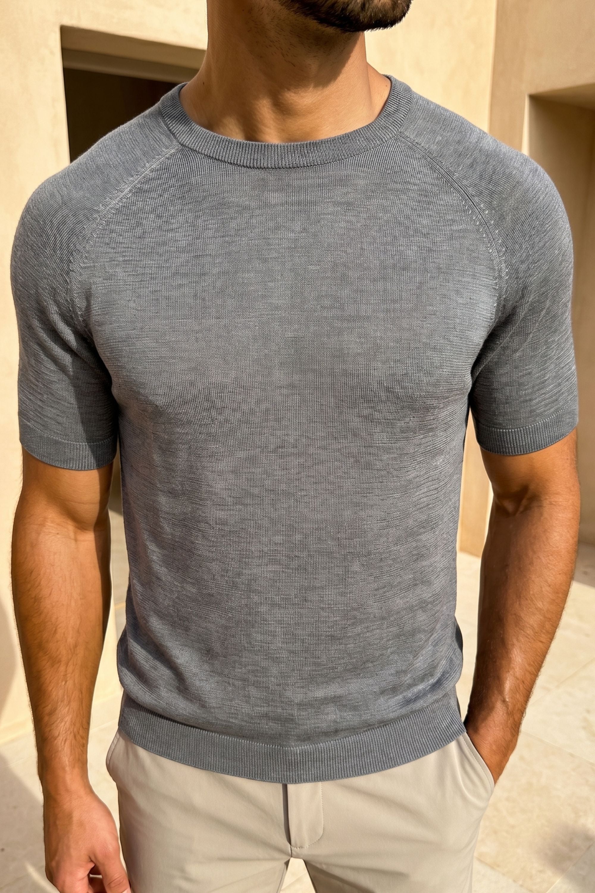 Riera gebreid T-shirt met ronde hals - grijs gemêleerd