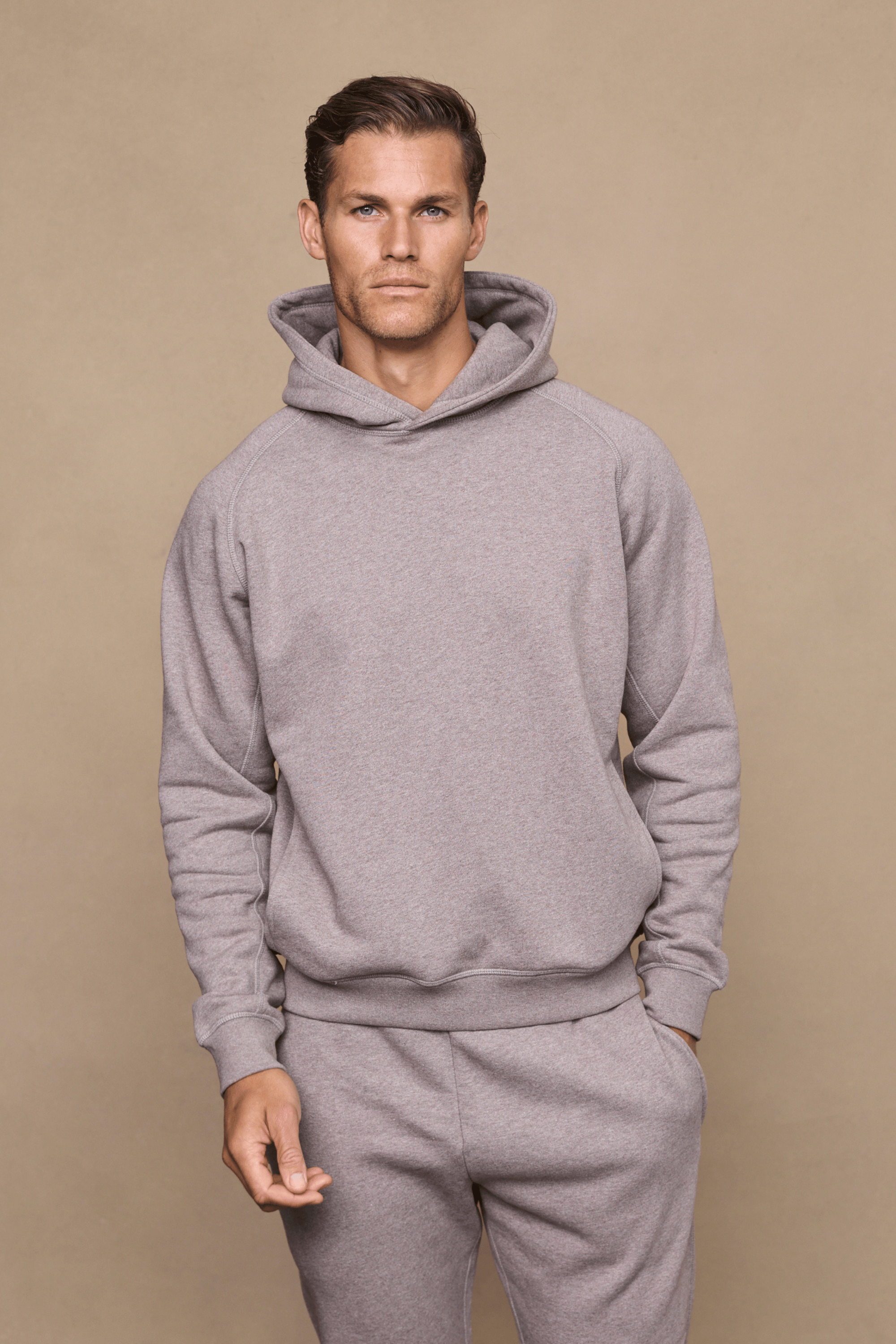 Men’s heavyweight cotton blend hoodie in brown marl with raglan sleeves by Raith