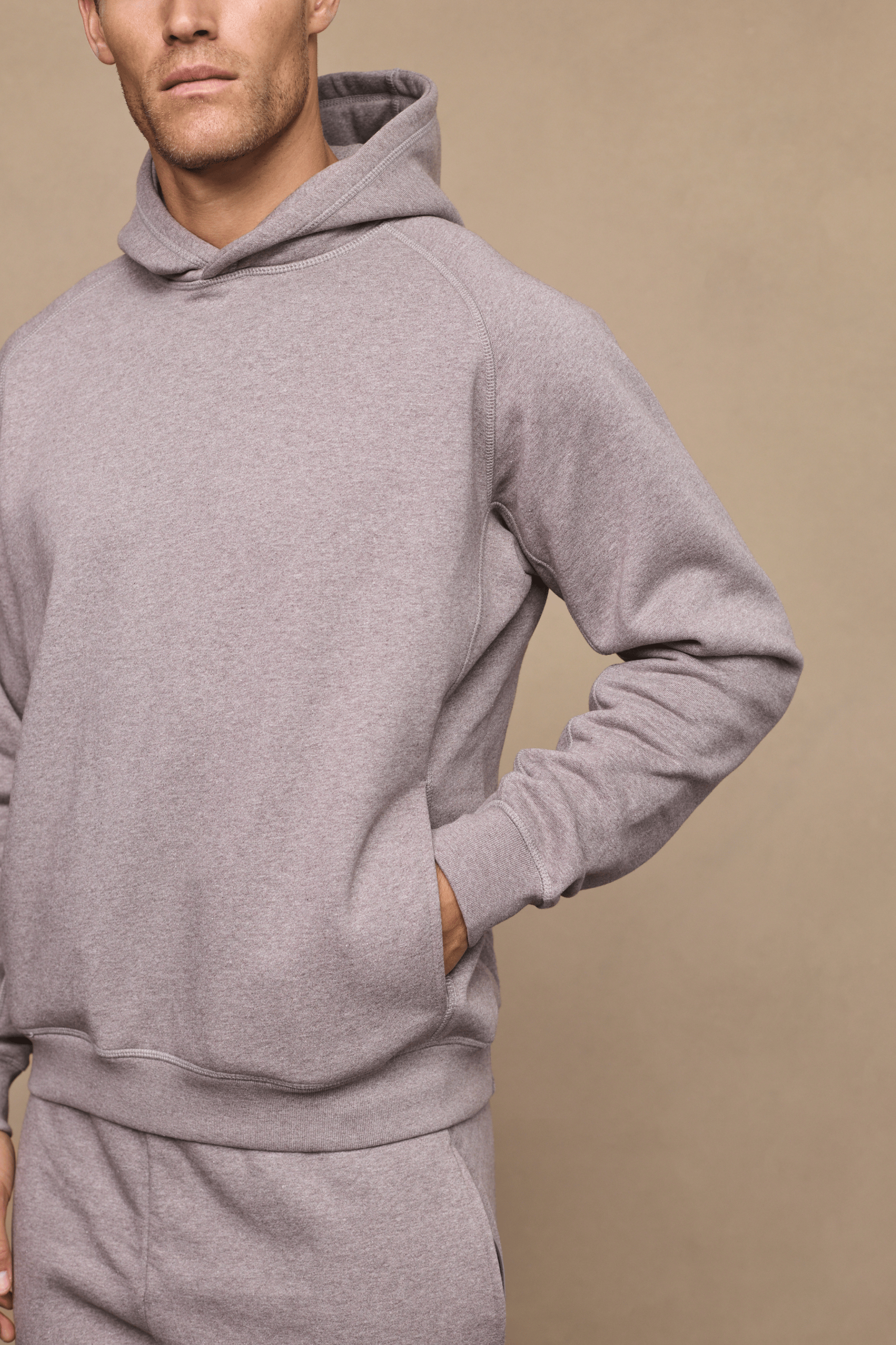 Men’s heavyweight cotton blend hoodie in brown marl with raglan sleeves by Raith