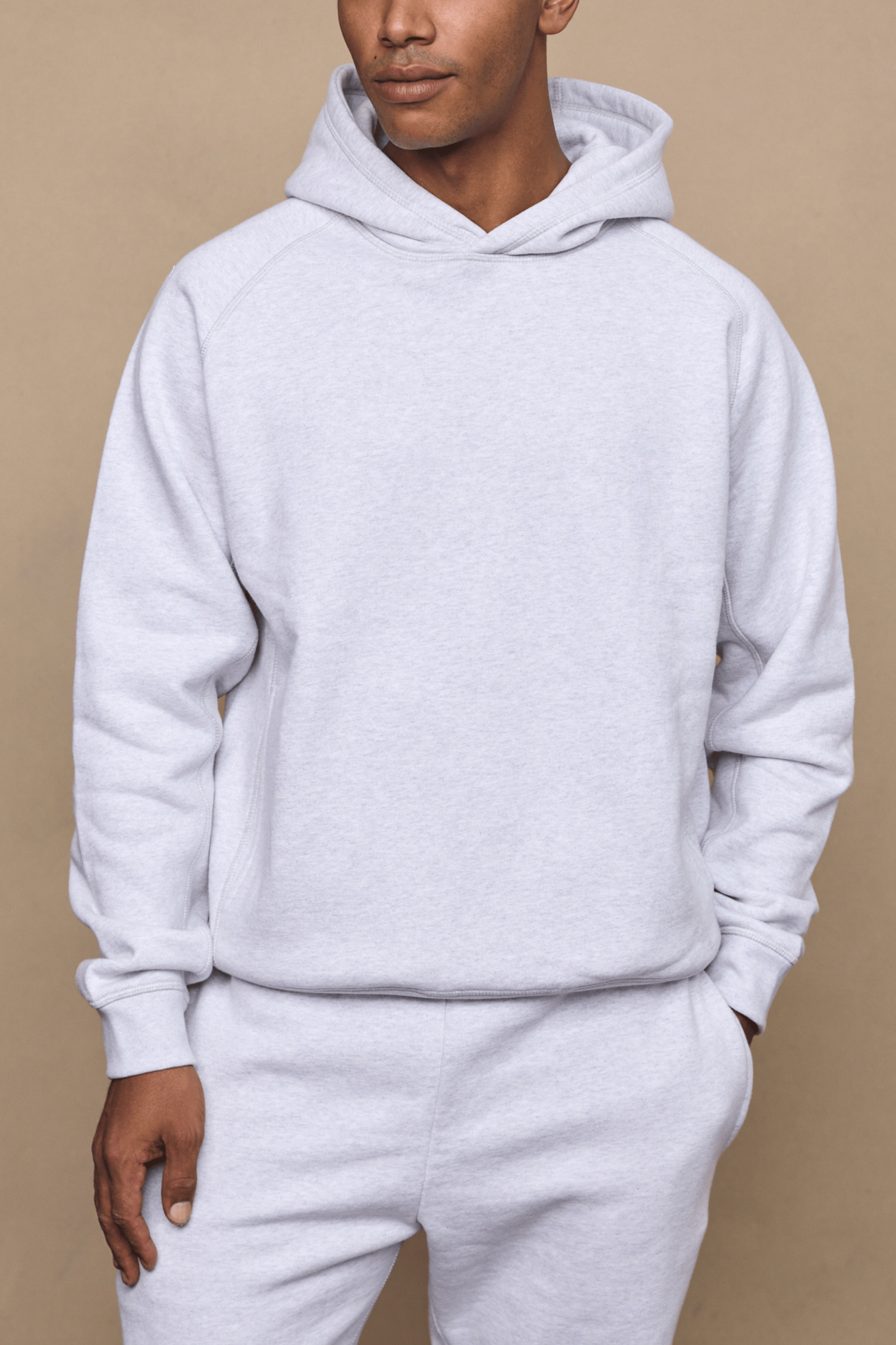 Men’s heavyweight cotton blend hoodie in grey with raglan sleeves by Raith