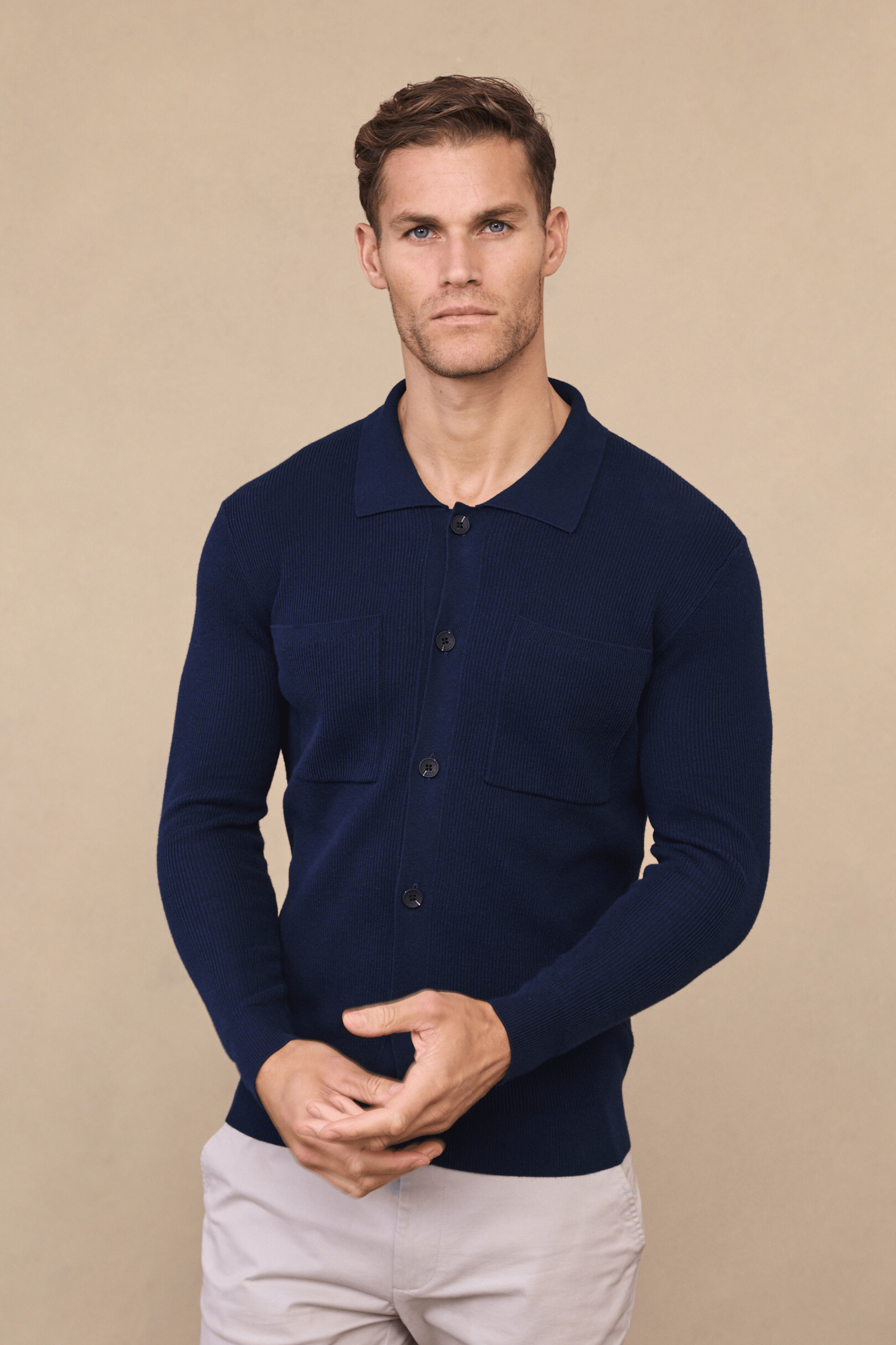 Elias Rib Top Pocket Cardigan - Navy