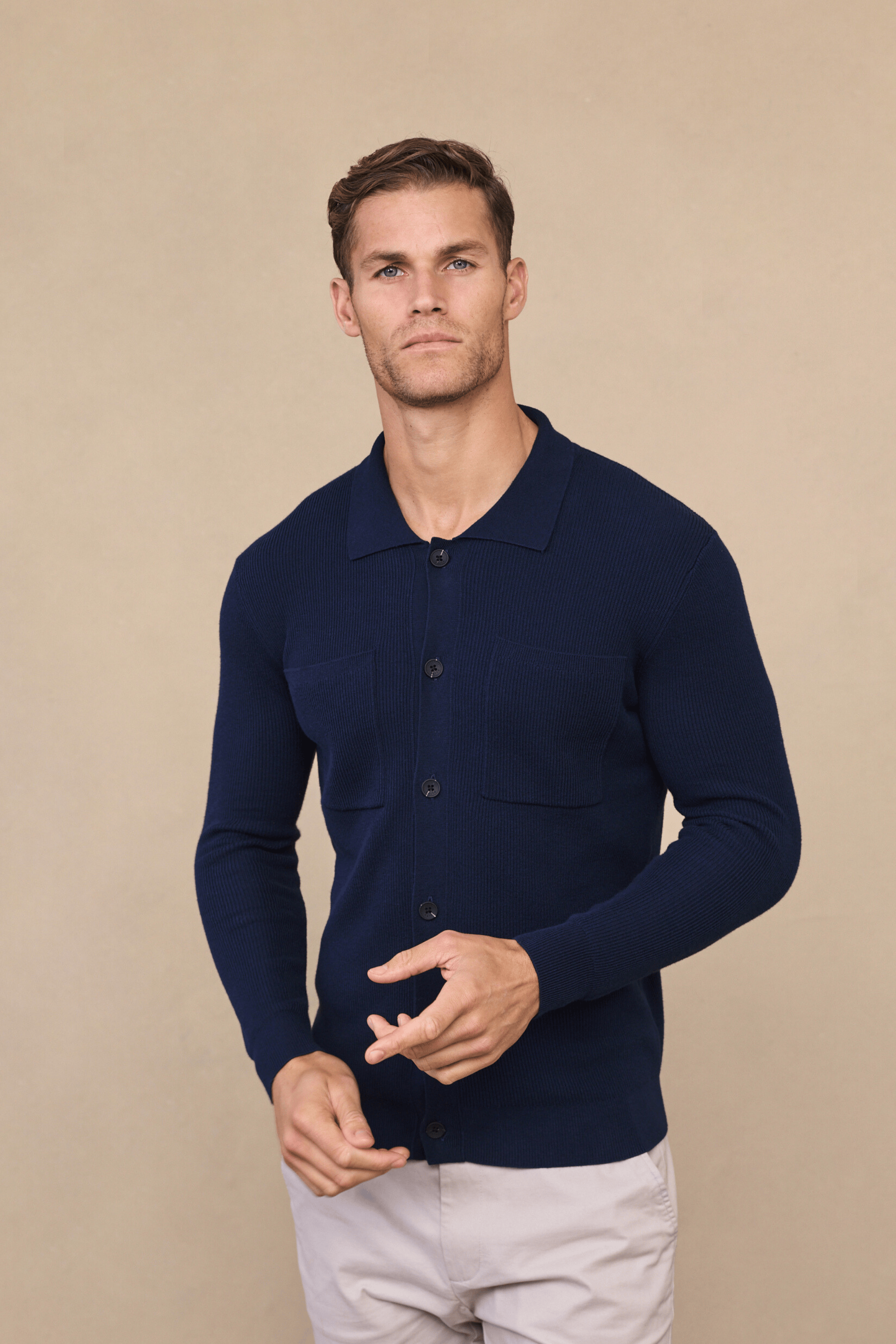 Elias Rib Top Pocket Cardigan - Navy