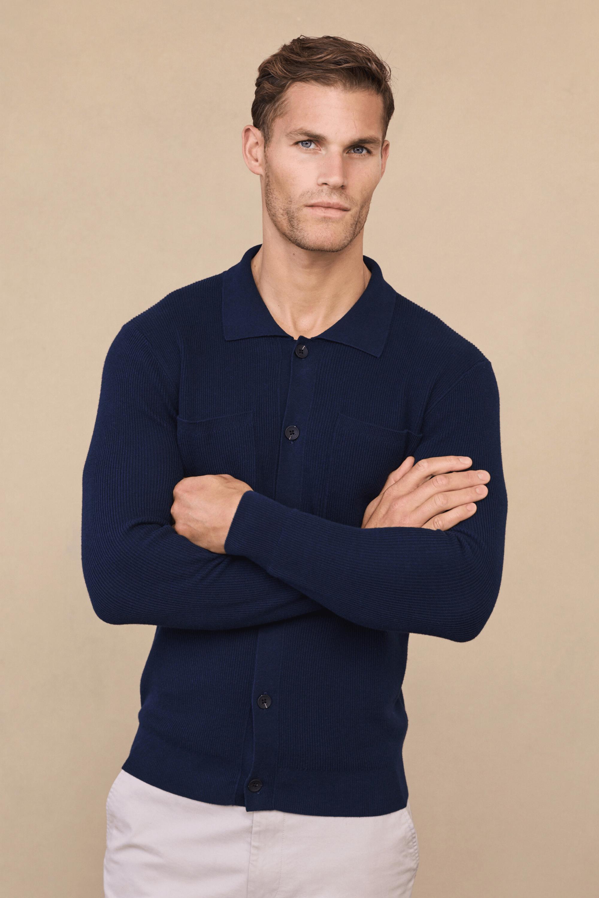Elias Rib Top Pocket Cardigan - Navy