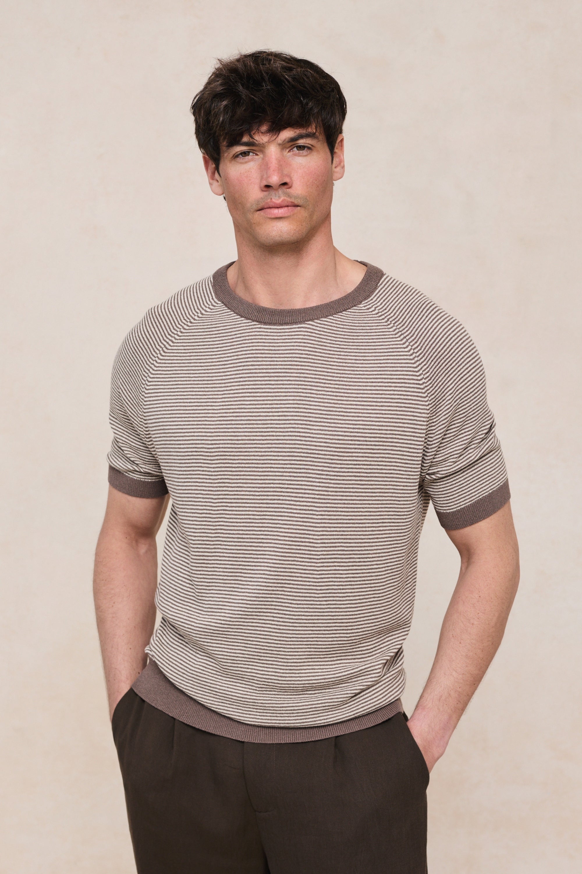 Rafael linnen gestreept T-shirt met ronde hals - Bruin/beige
